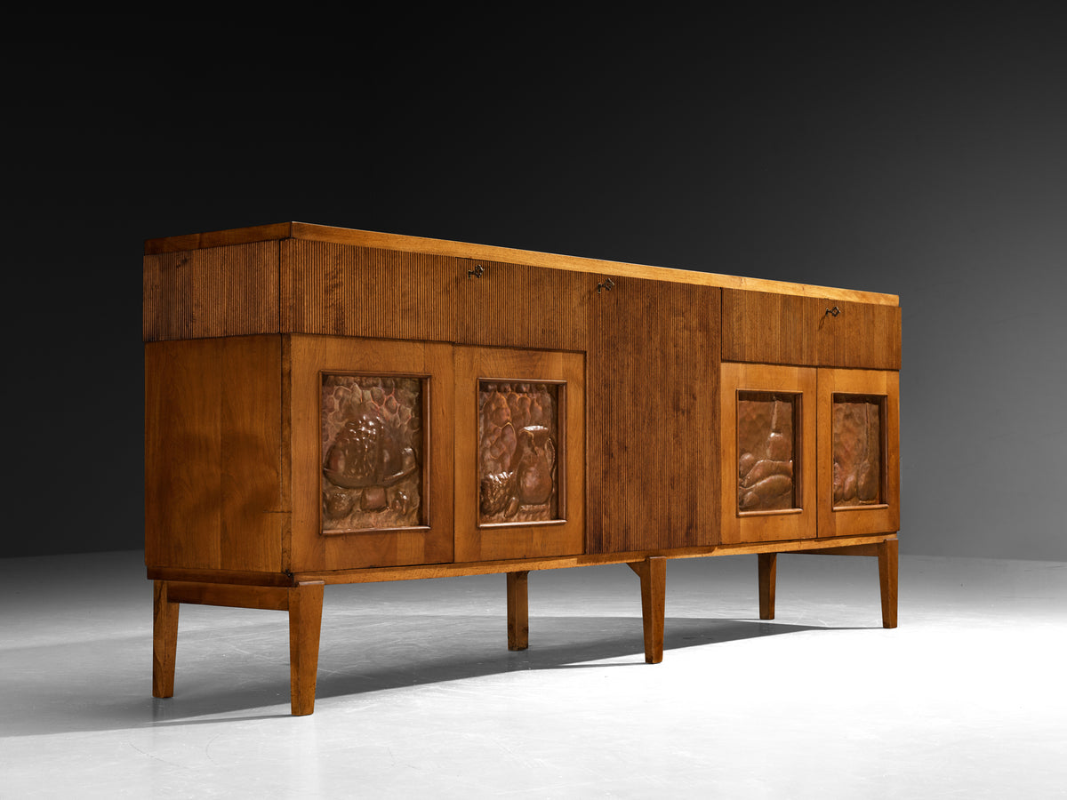 1940s Italian Sideboard in Walnut with Grissinato Carvings and Copper Reliefs Case pieces and storage cabinets Morentz