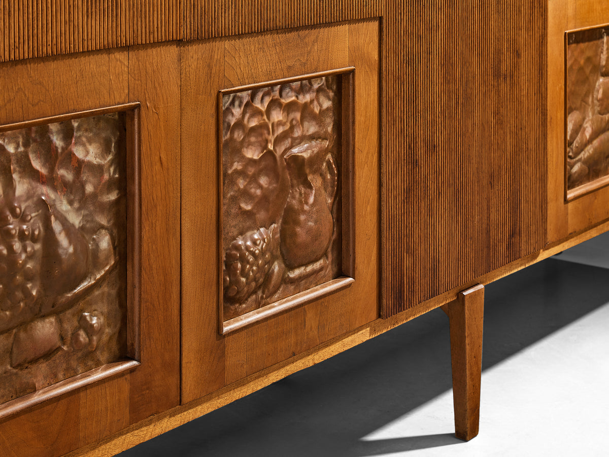 1940s Italian Sideboard in Walnut with Grissinato Carvings and Copper Reliefs Case pieces and storage cabinets Morentz
