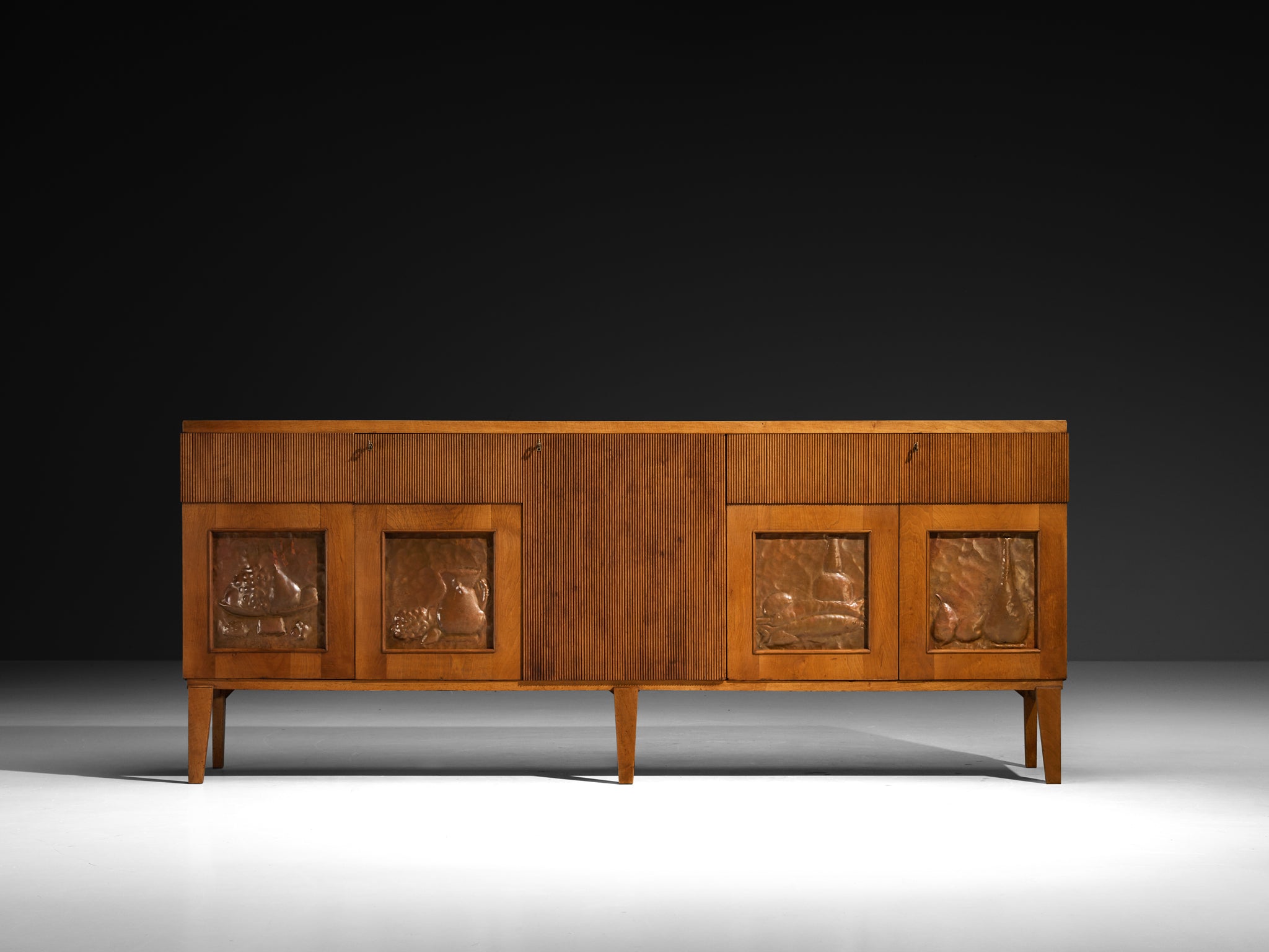 1940s Italian Sideboard in Walnut with Grissinato Carvings and Copper Reliefs Case pieces and storage cabinets Morentz