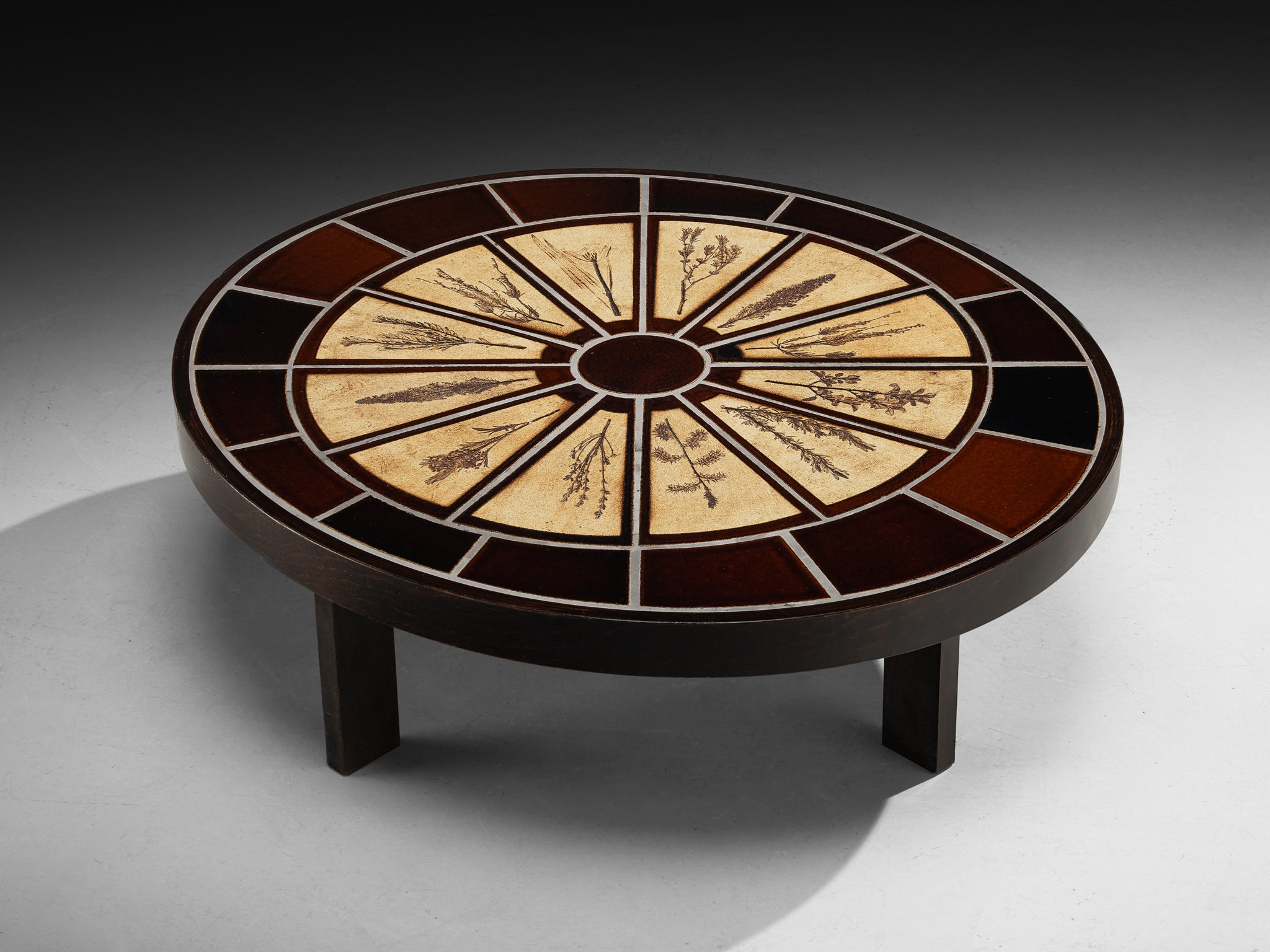 Roger Capron Oval Coffee Table with Floral Imprints in Ceramic and Wood Tables Morentz