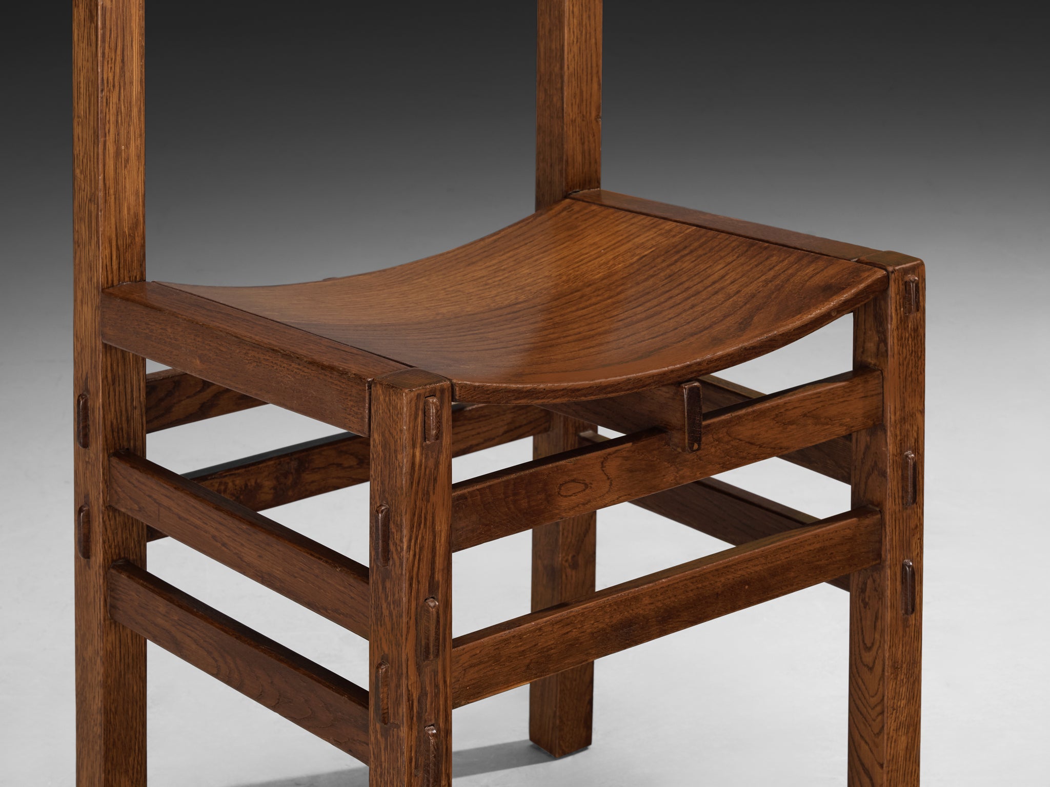 Giuseppe Rivadossi for Officina Rivadossi Dining Chairs with Carvings in Oak Seating Morentz