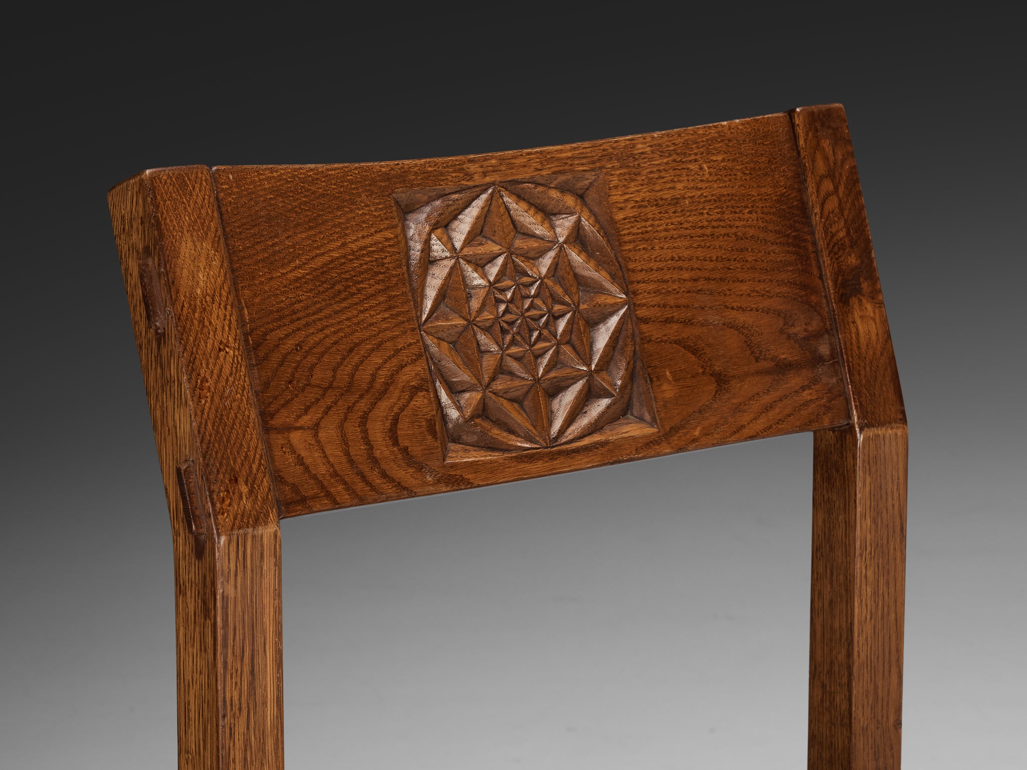 Giuseppe Rivadossi for Officina Rivadossi Dining Chairs with Carvings in Oak Seating Morentz