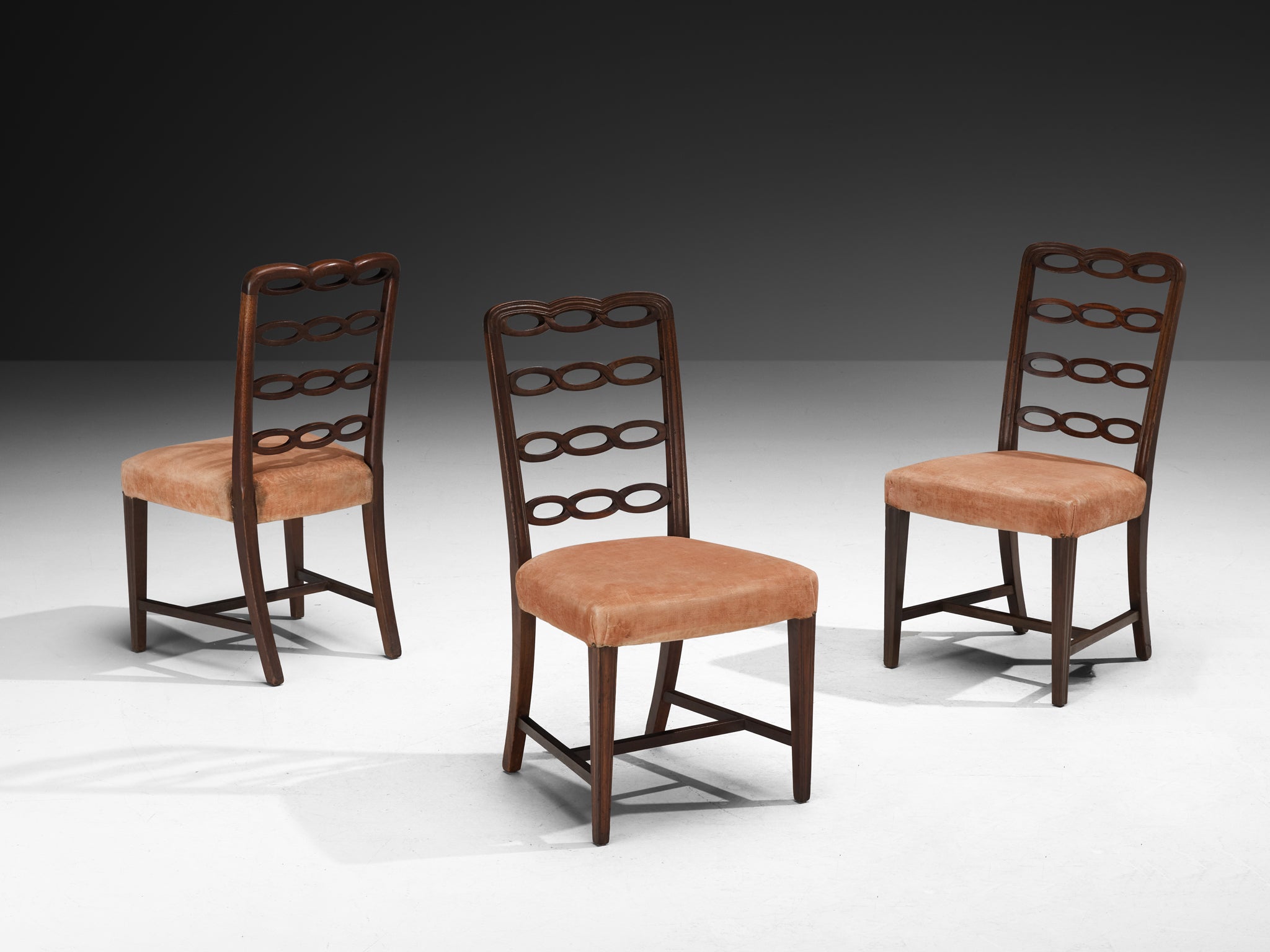 Italian Art Deco Set of Ten Dining Chairs in Mahogany and Peach Velour Seating Morentz