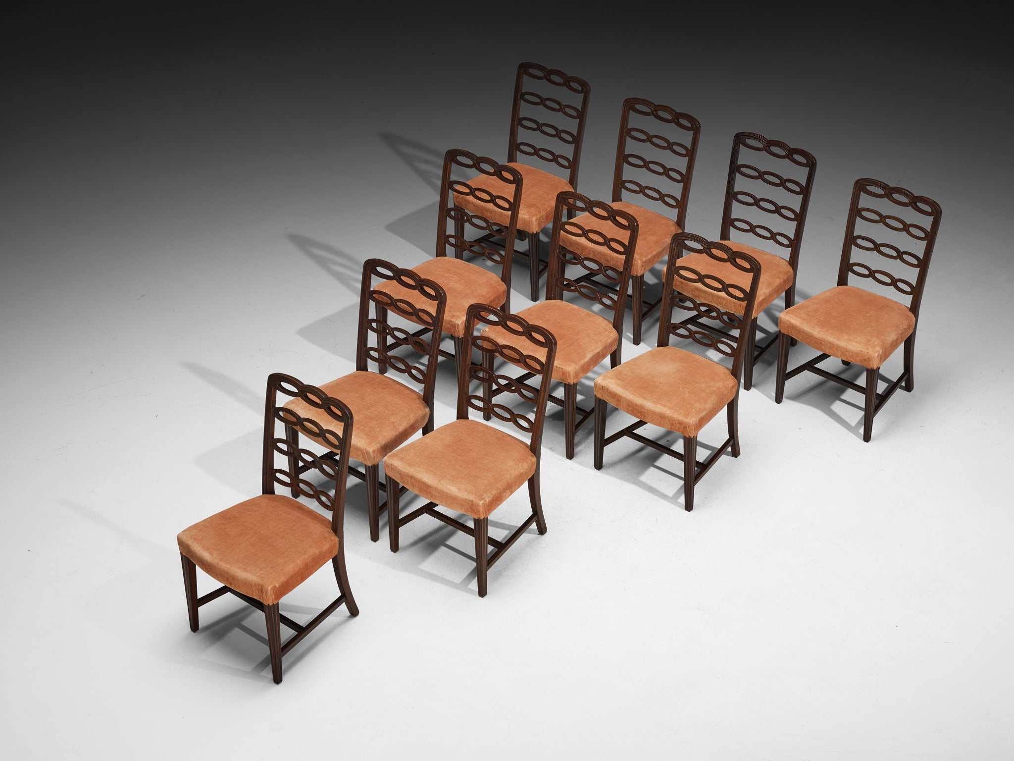 Italian Art Deco Set of Ten Dining Chairs in Mahogany and Peach Velour Seating Morentz
