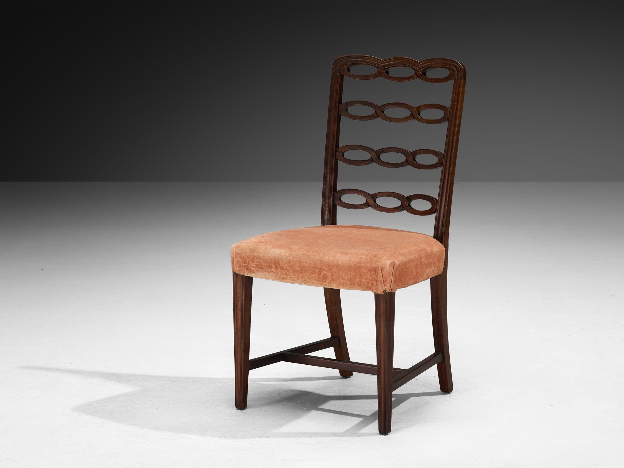 Italian Art Deco Set of Ten Dining Chairs in Mahogany and Peach Velour Seating Morentz