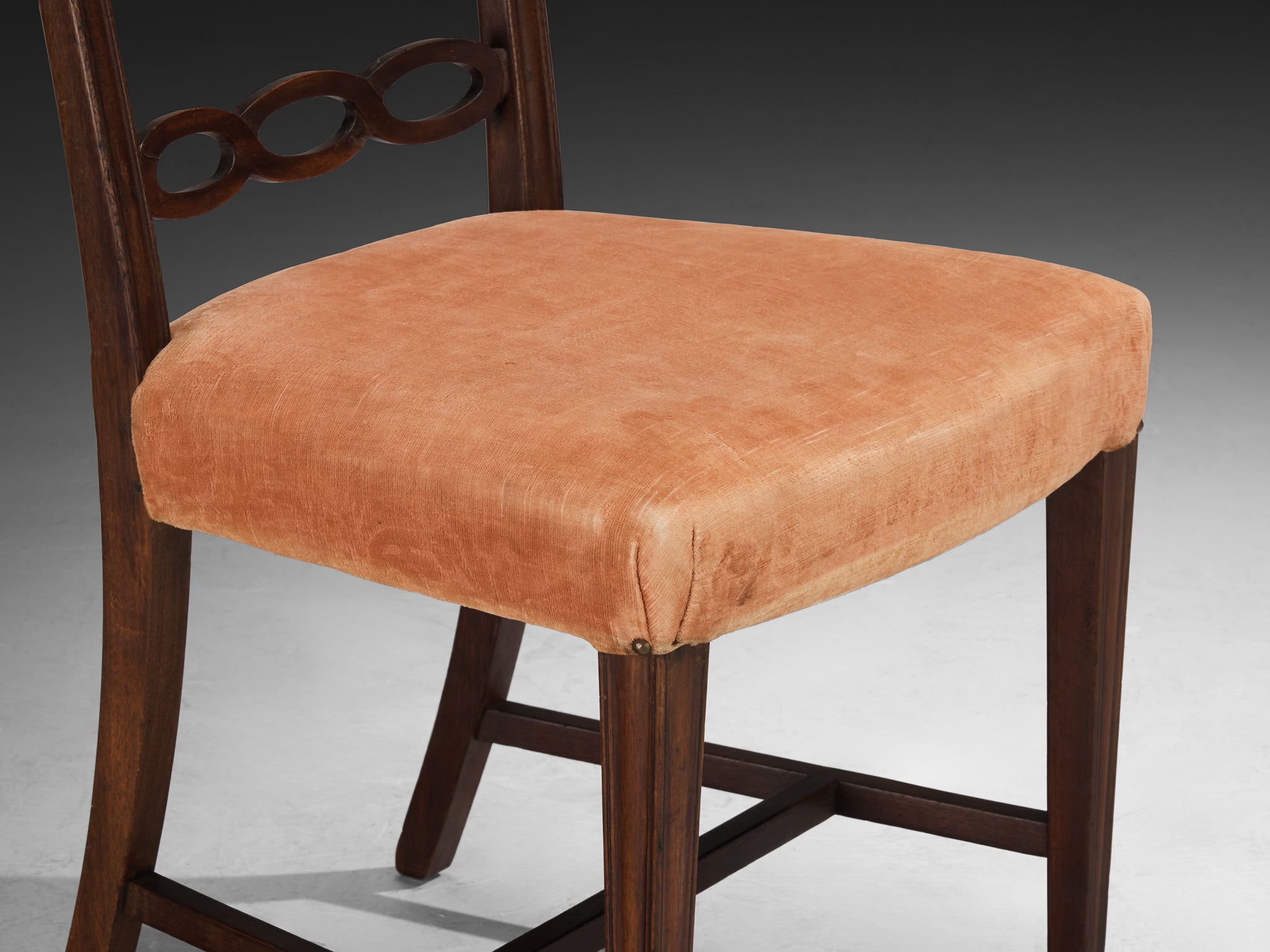 Italian Art Deco Set of Ten Dining Chairs in Mahogany and Peach Velour Seating Morentz