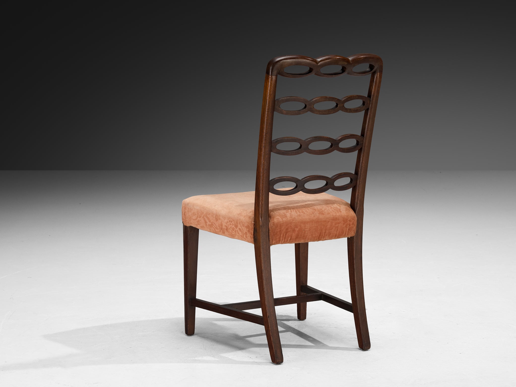 Italian Art Deco Set of Ten Dining Chairs in Mahogany and Peach Velour Seating Morentz