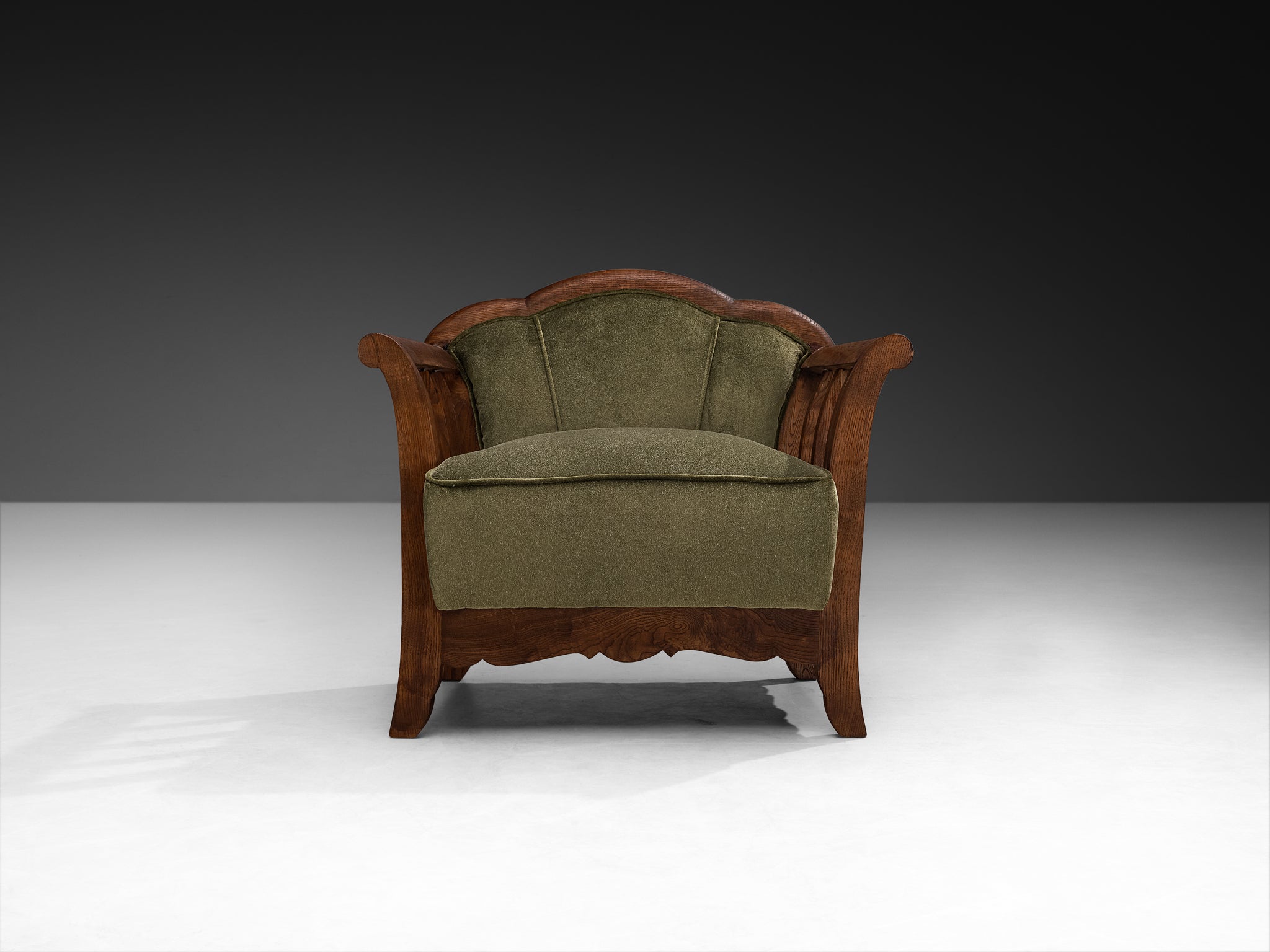 Pair of Art Deco Armchairs in Olive Green Pierre Frey Velvet and Chestnut Seating Morentz