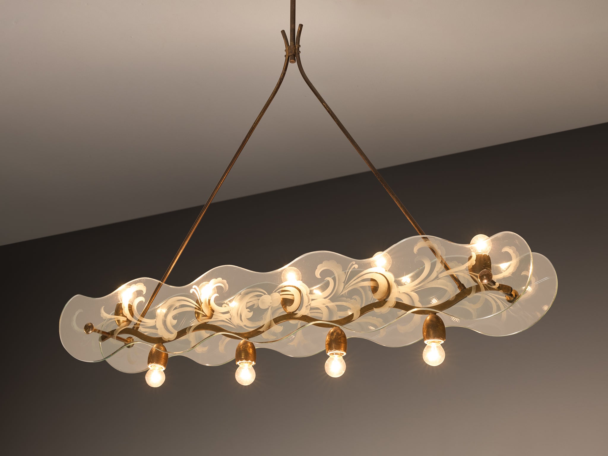 Charming Art Deco Italian Chandelier in Brass and Etched Glass Panels Lighting Morentz