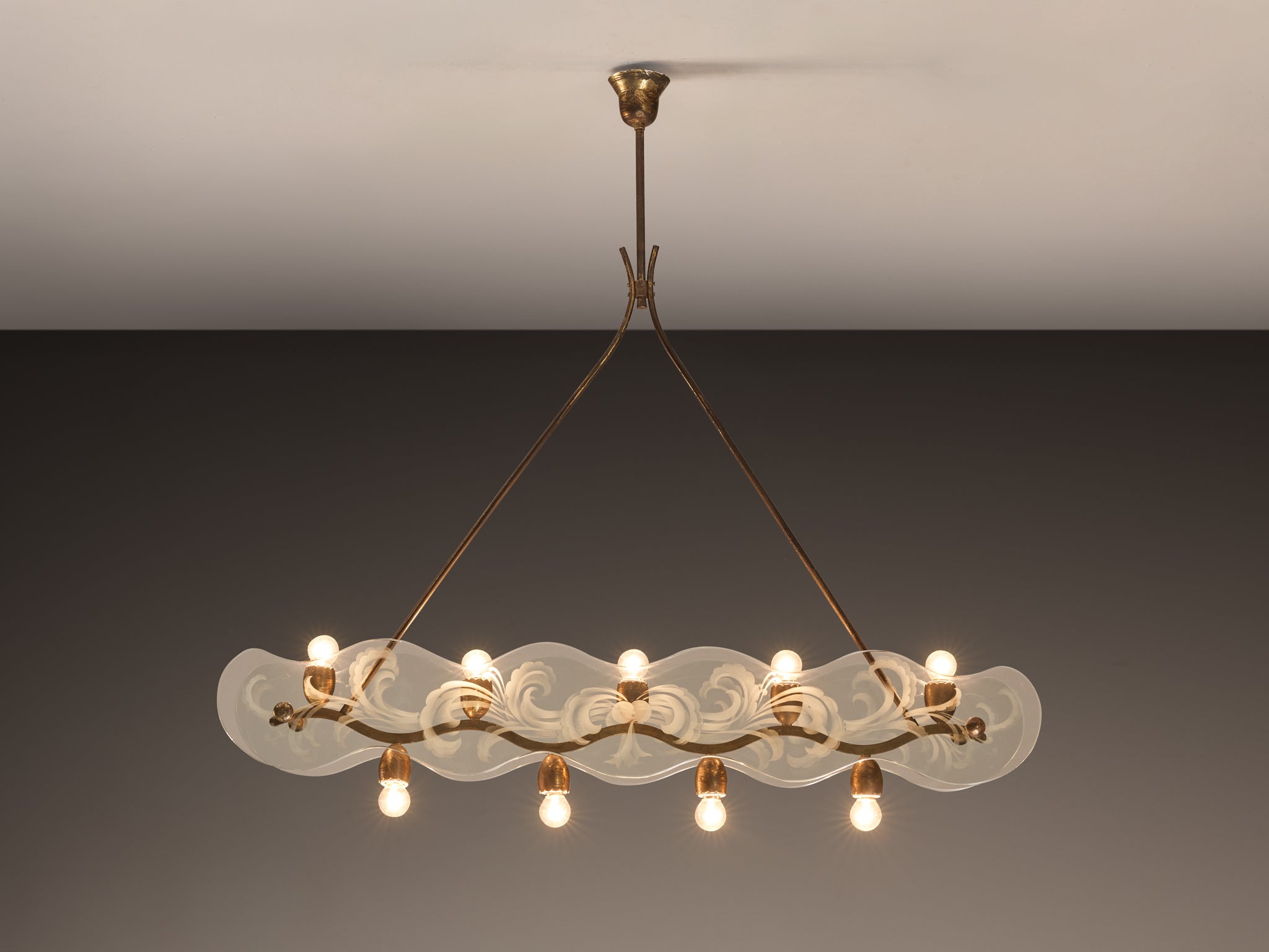Charming Art Deco Italian Chandelier in Brass and Etched Glass Panels Lighting Morentz