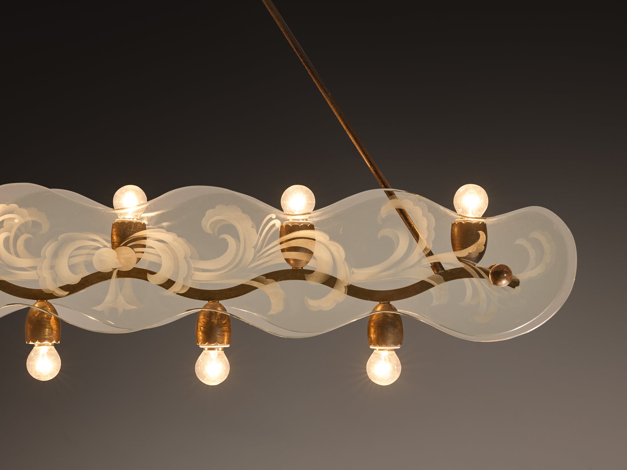 Charming Art Deco Italian Chandelier in Brass and Etched Glass Panels Lighting Morentz