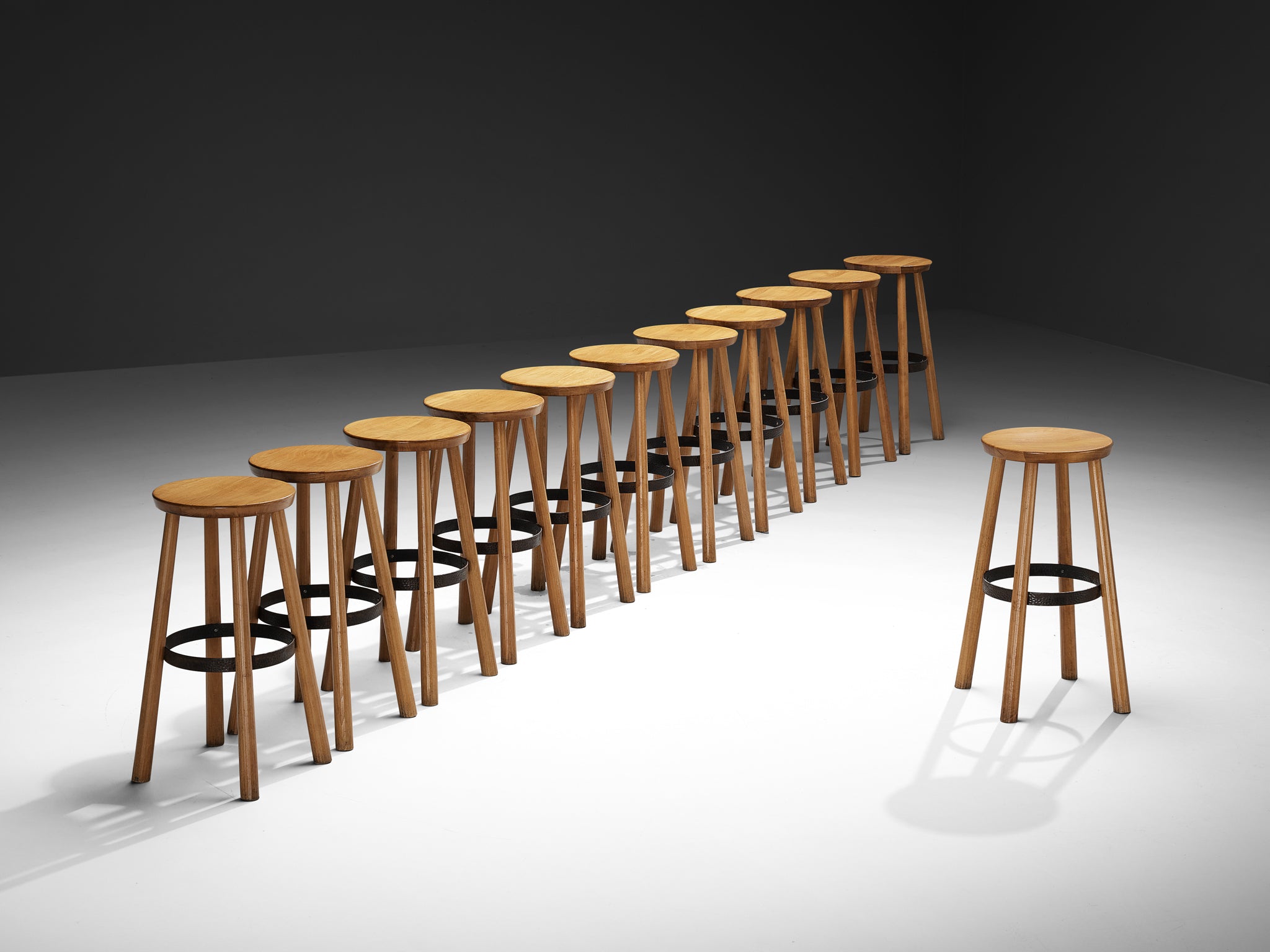 1960s Bar Stools in Blonde Wood and Hammered Iron Seating Morentz