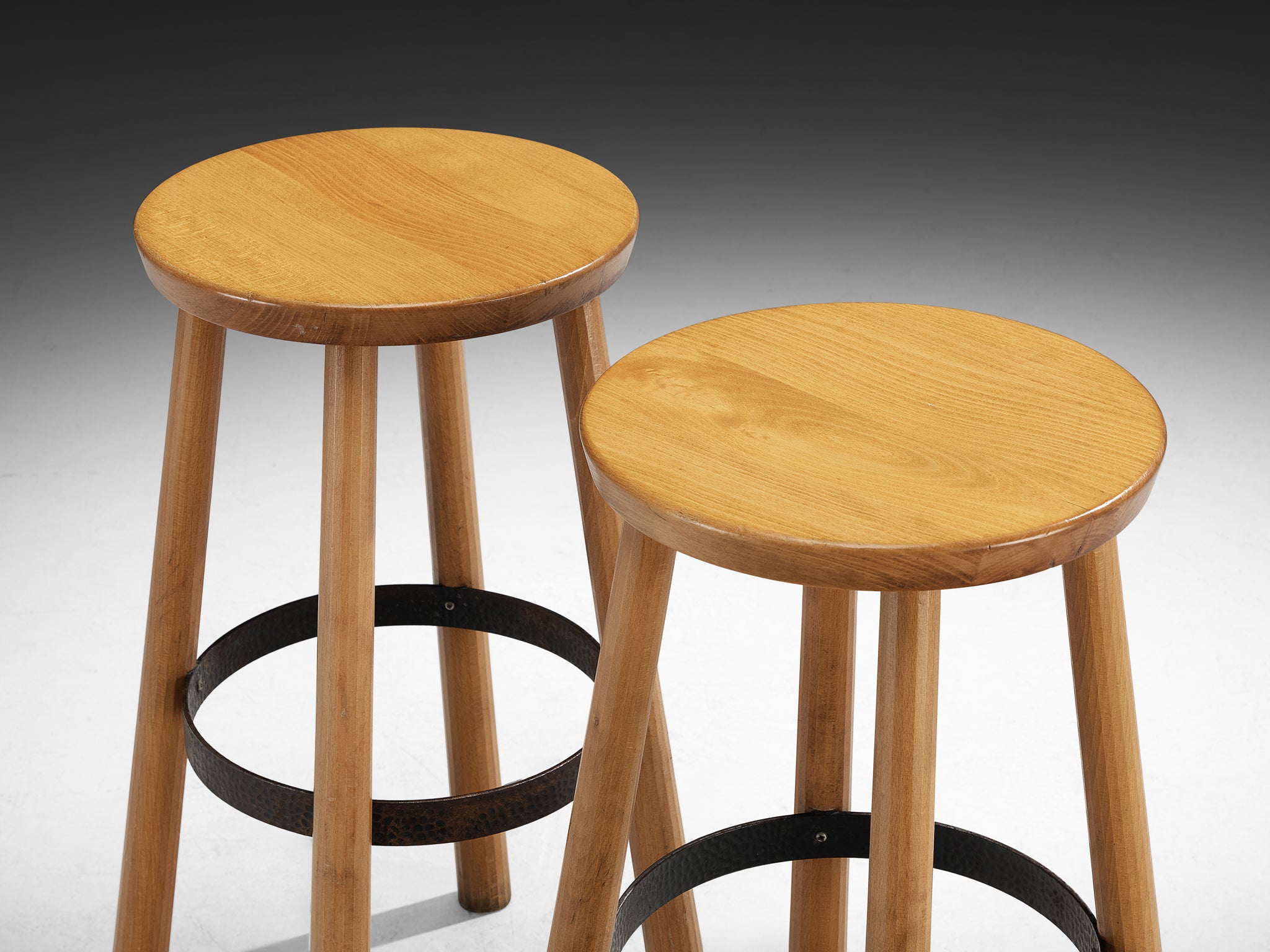 1960s Bar Stools in Blonde Wood and Hammered Iron Seating Morentz