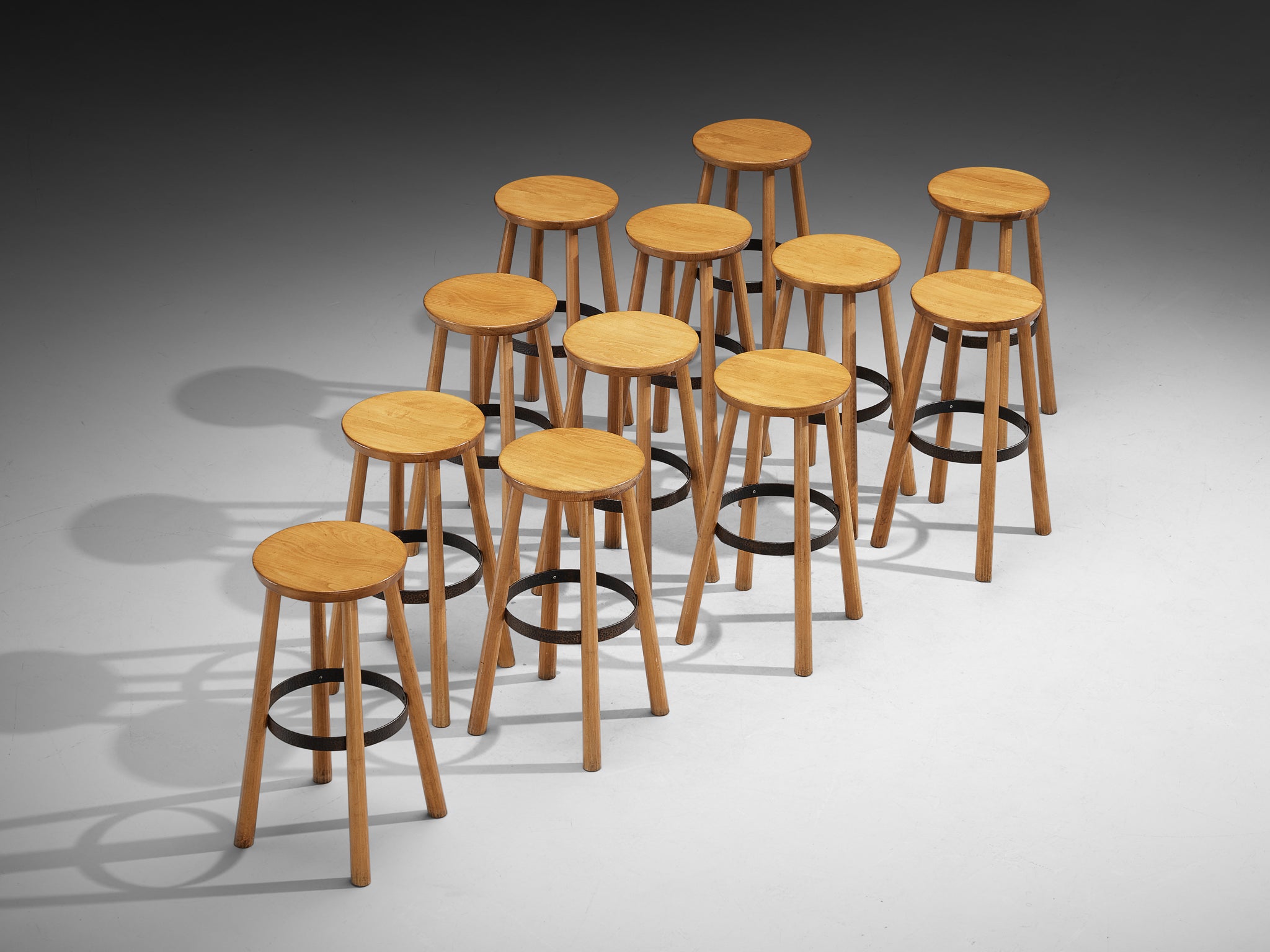 1960s Bar Stools in Blonde Wood and Hammered Iron Seating Morentz