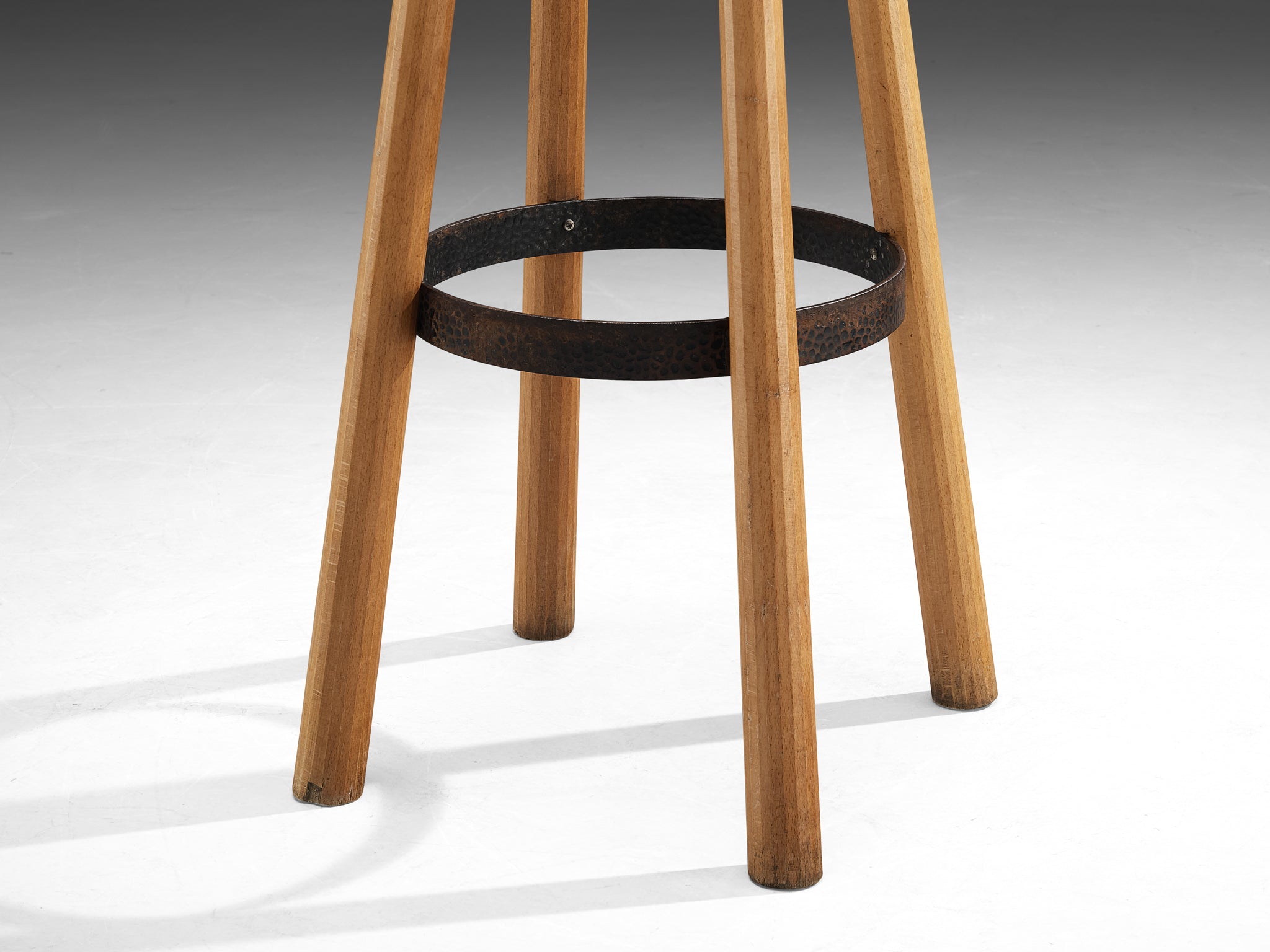 1960s Bar Stools in Blonde Wood and Hammered Iron Seating Morentz