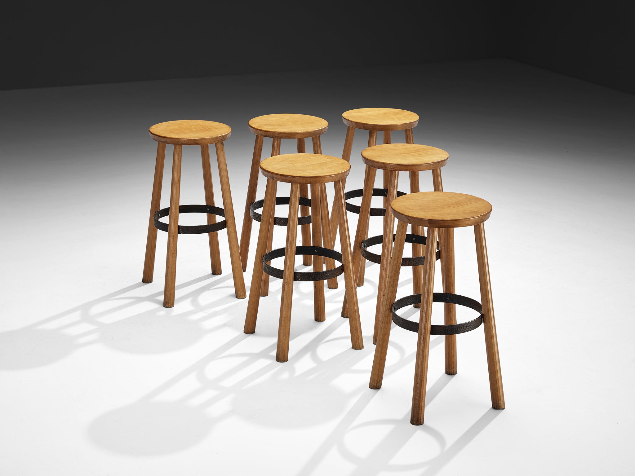 1960s Bar Stools in Blonde Wood and Hammered Iron Seating Morentz
