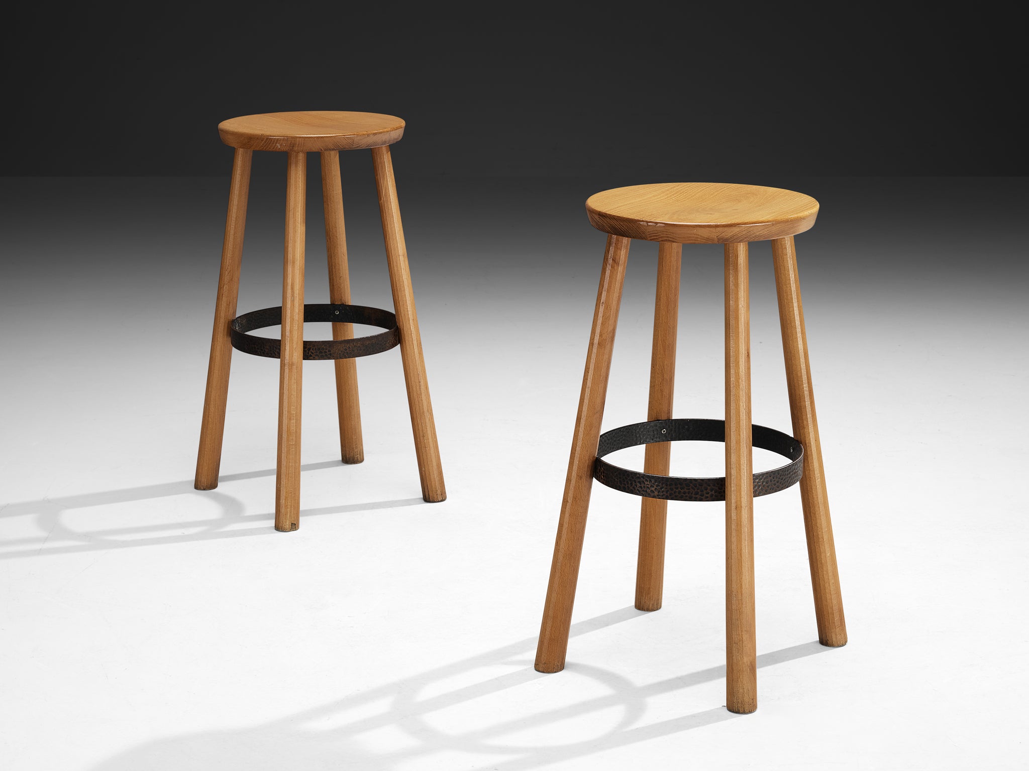 1960s Bar Stools in Blonde Wood and Hammered Iron Seating Morentz