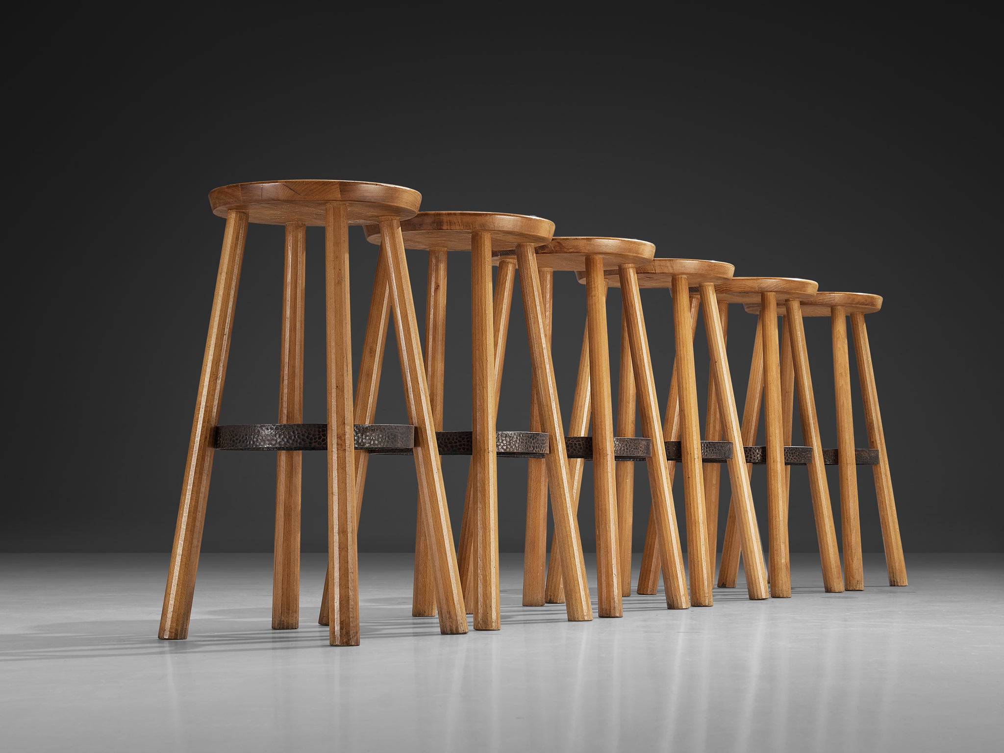 1960s Bar Stools in Blonde Wood and Hammered Iron Seating Morentz