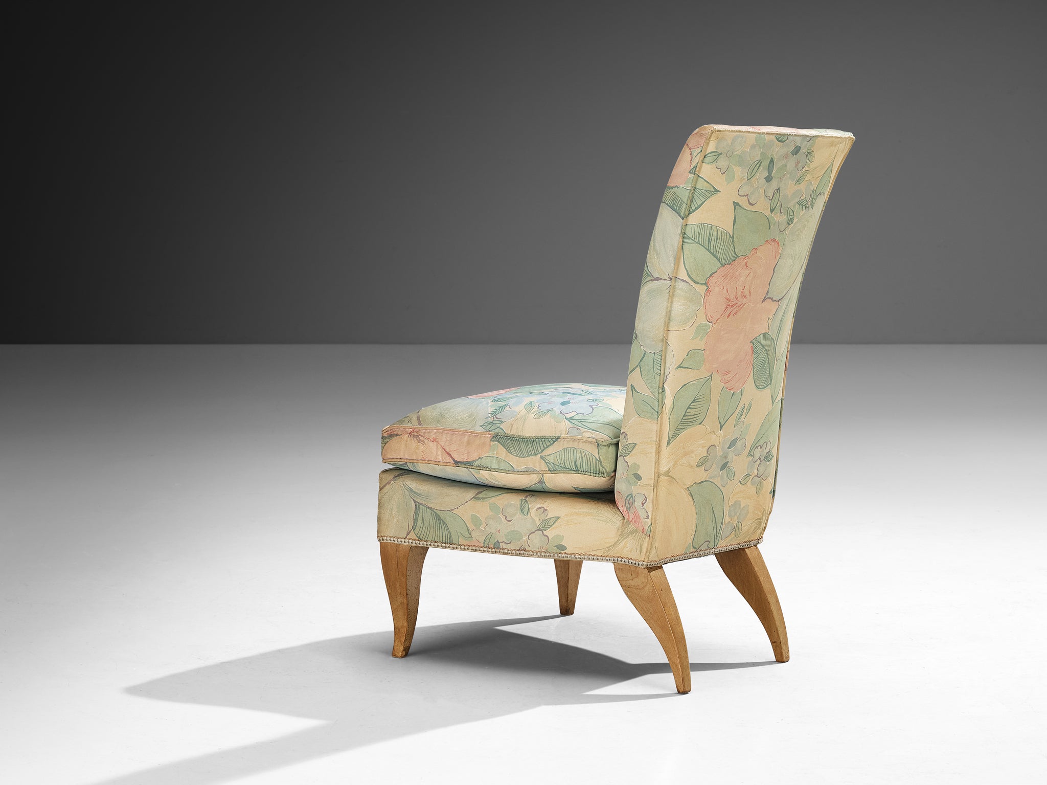 French Art Deco Slipper Chair in Floral Pastel Fabric Seating Morentz