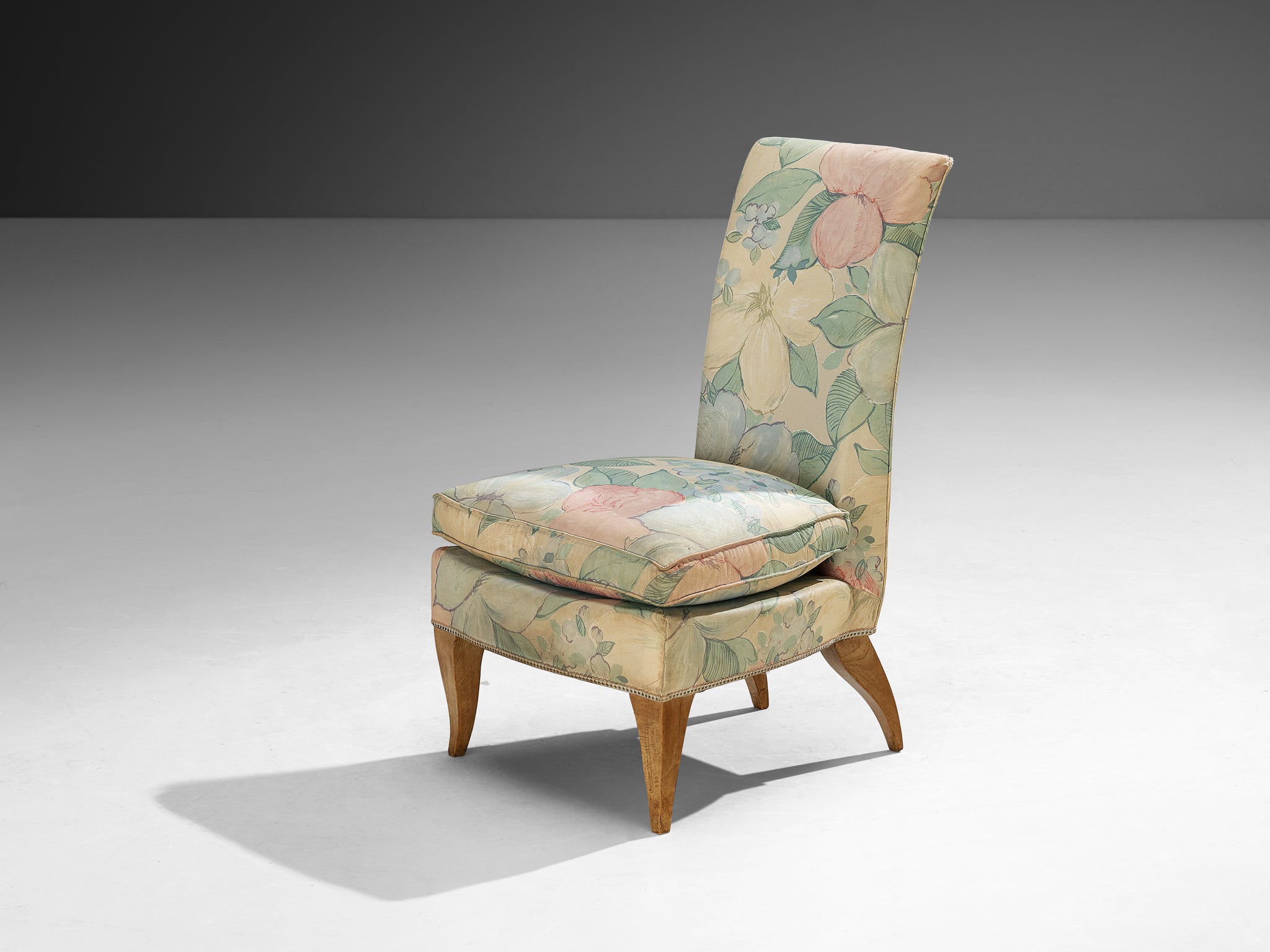 French Art Deco Slipper Chair in Floral Pastel Fabric Seating Morentz