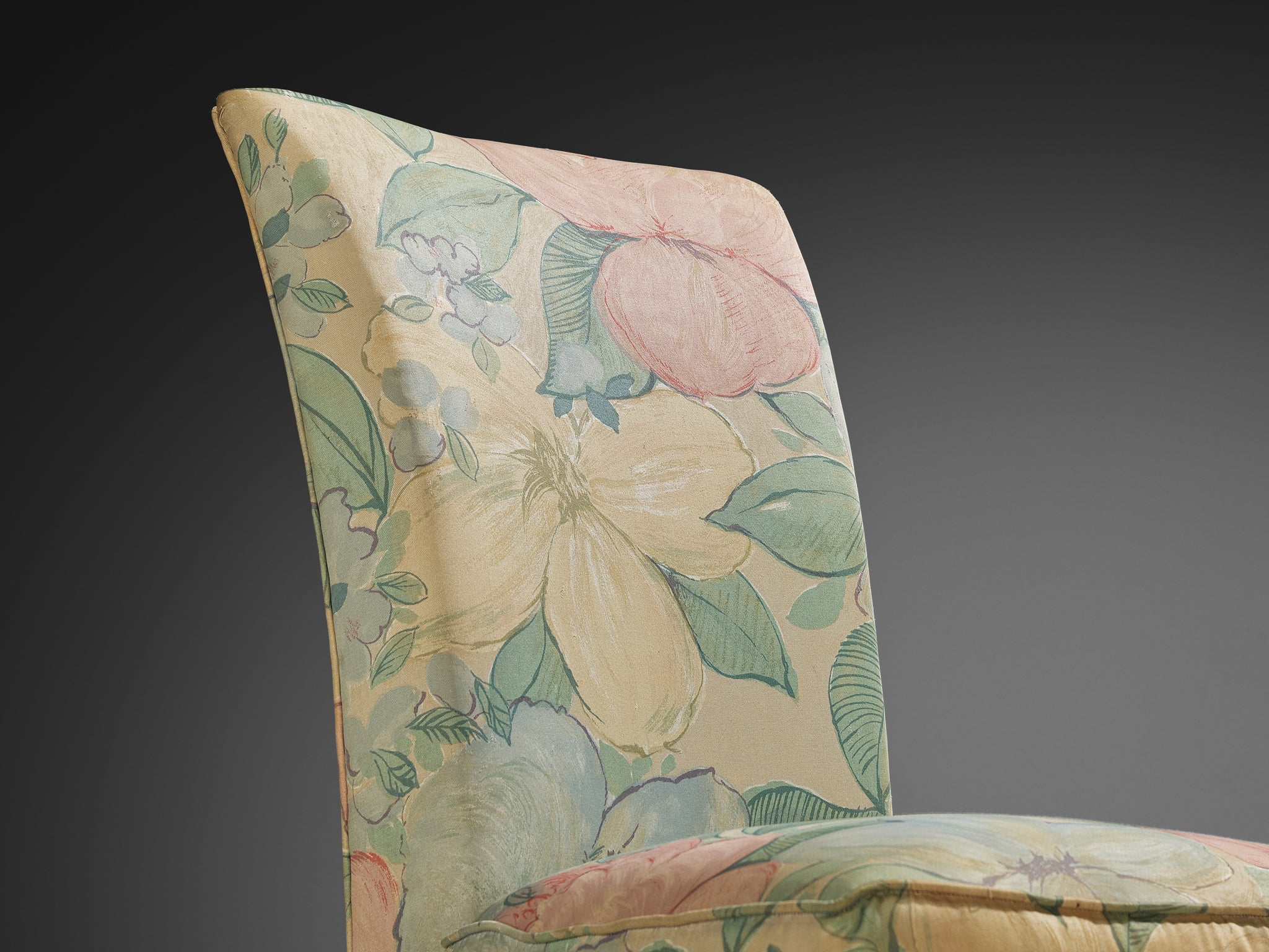 French Art Deco Slipper Chair in Floral Pastel Fabric Seating Morentz