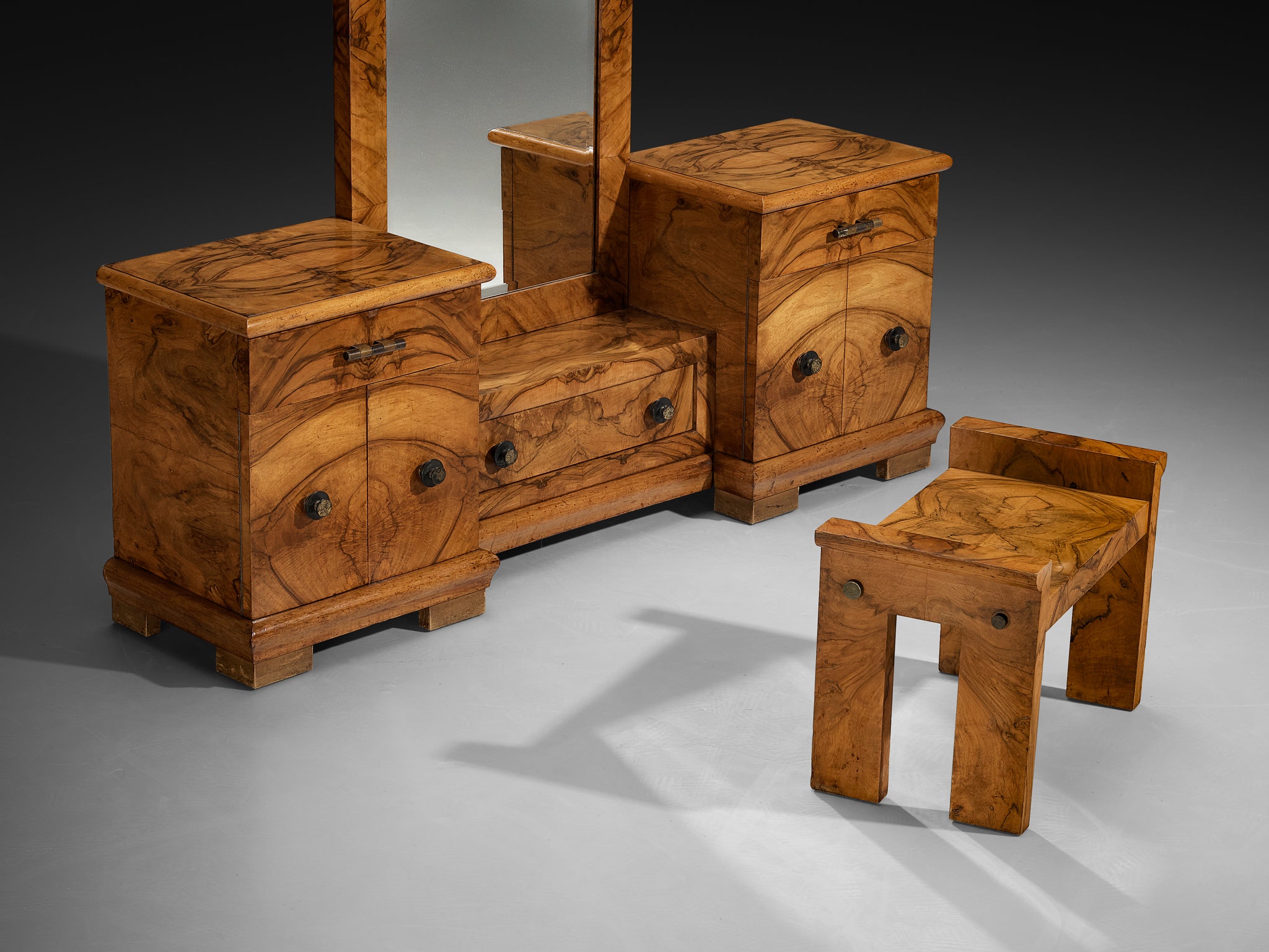 Gaetano Borsani for Atelier di Varedo Vanity Set with Stool in Walnut Burl Tables Morentz