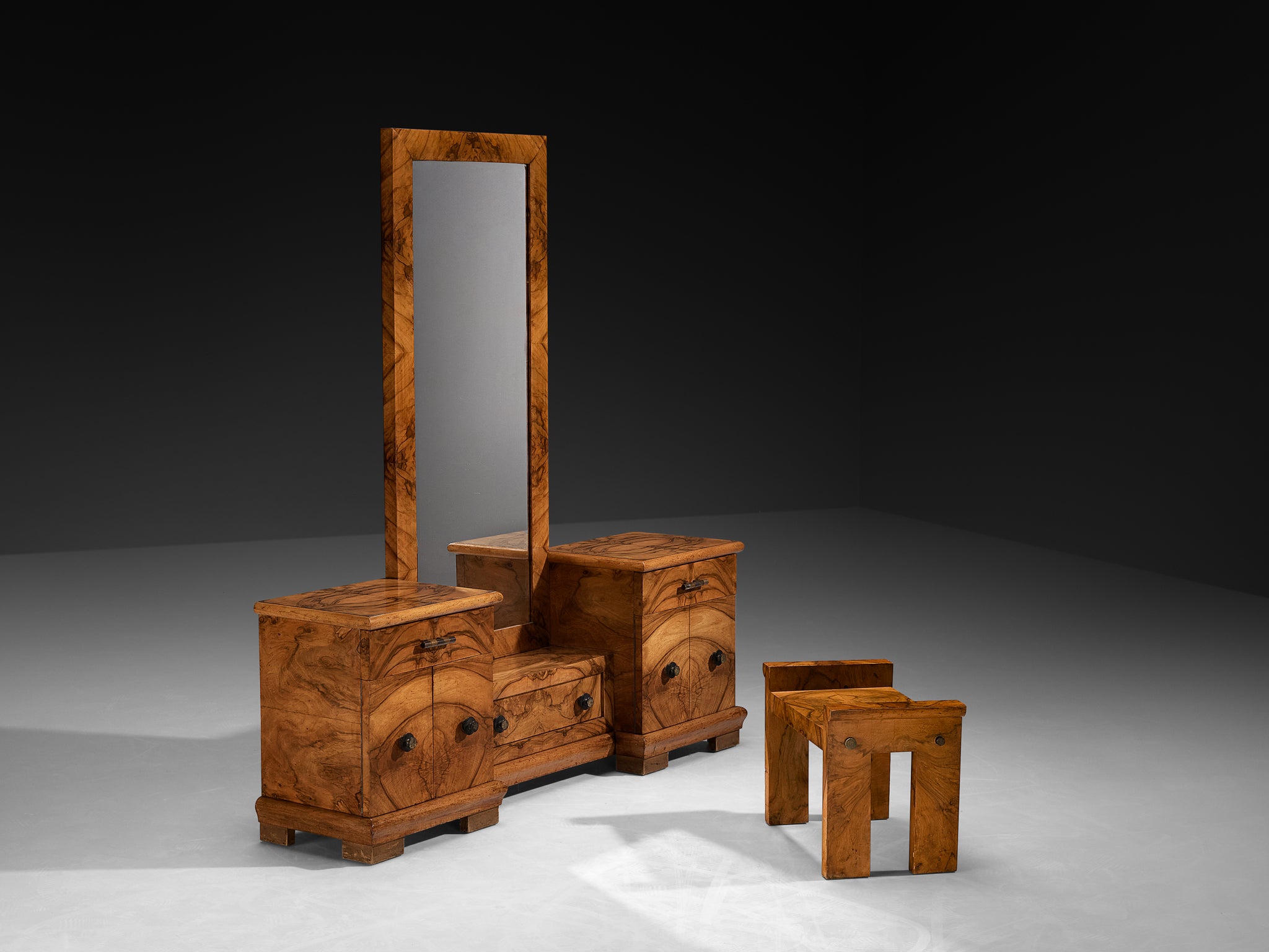 Gaetano Borsani for Atelier di Varedo Vanity Set with Stool in Walnut Burl Tables Morentz