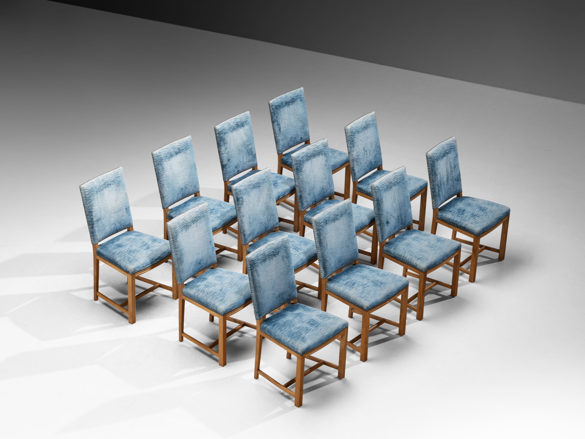 Nordic Set of Twelve Dining Chairs in Walnut and Velvet by Danish Cabinetmaker Seating Morentz