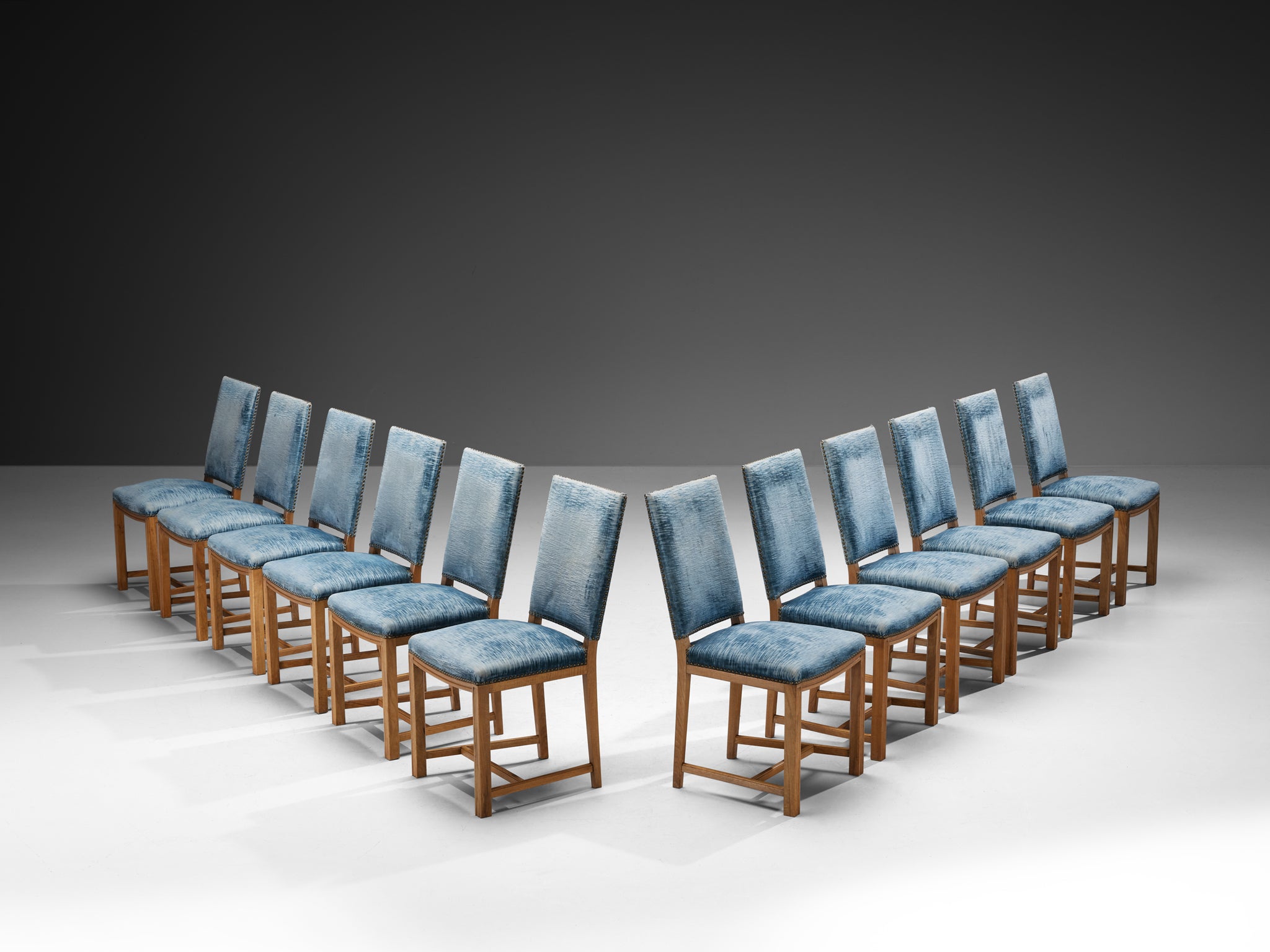 Nordic Set of Twelve Dining Chairs in Walnut and Velvet by Danish Cabinetmaker Seating Morentz