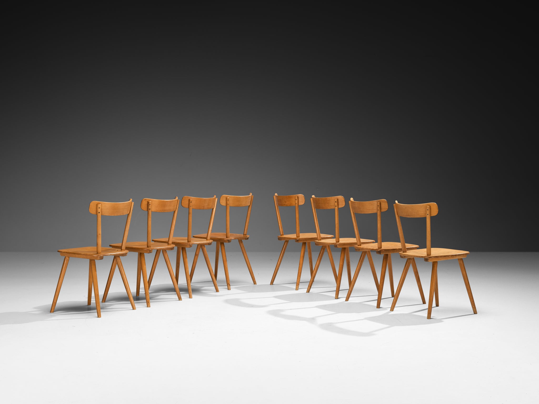 Large Set of Mid-Century Modern Dining Chairs in Blonde Wood Seating Morentz