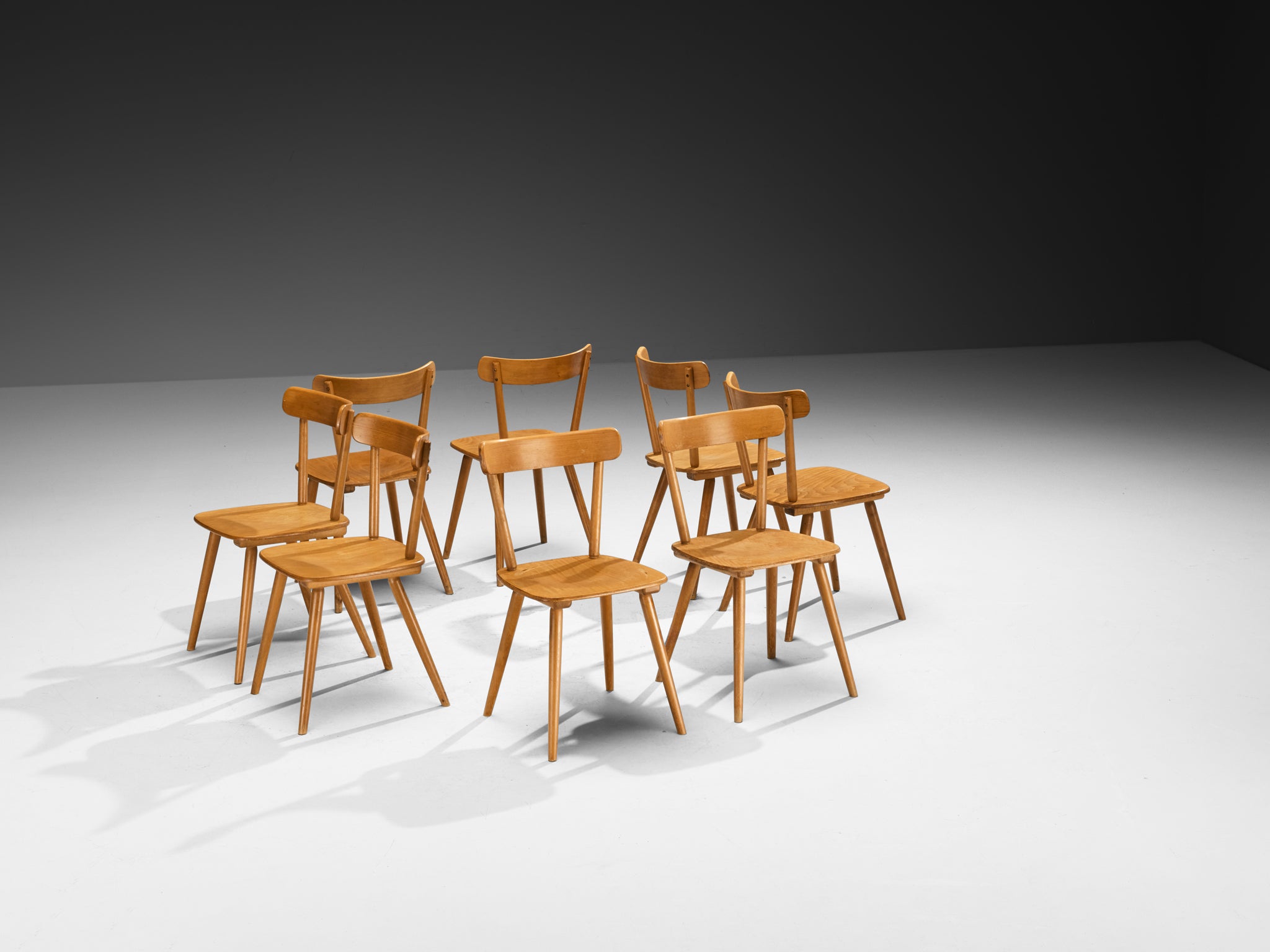 Large Set of Mid-Century Modern Dining Chairs in Blonde Wood Seating Morentz