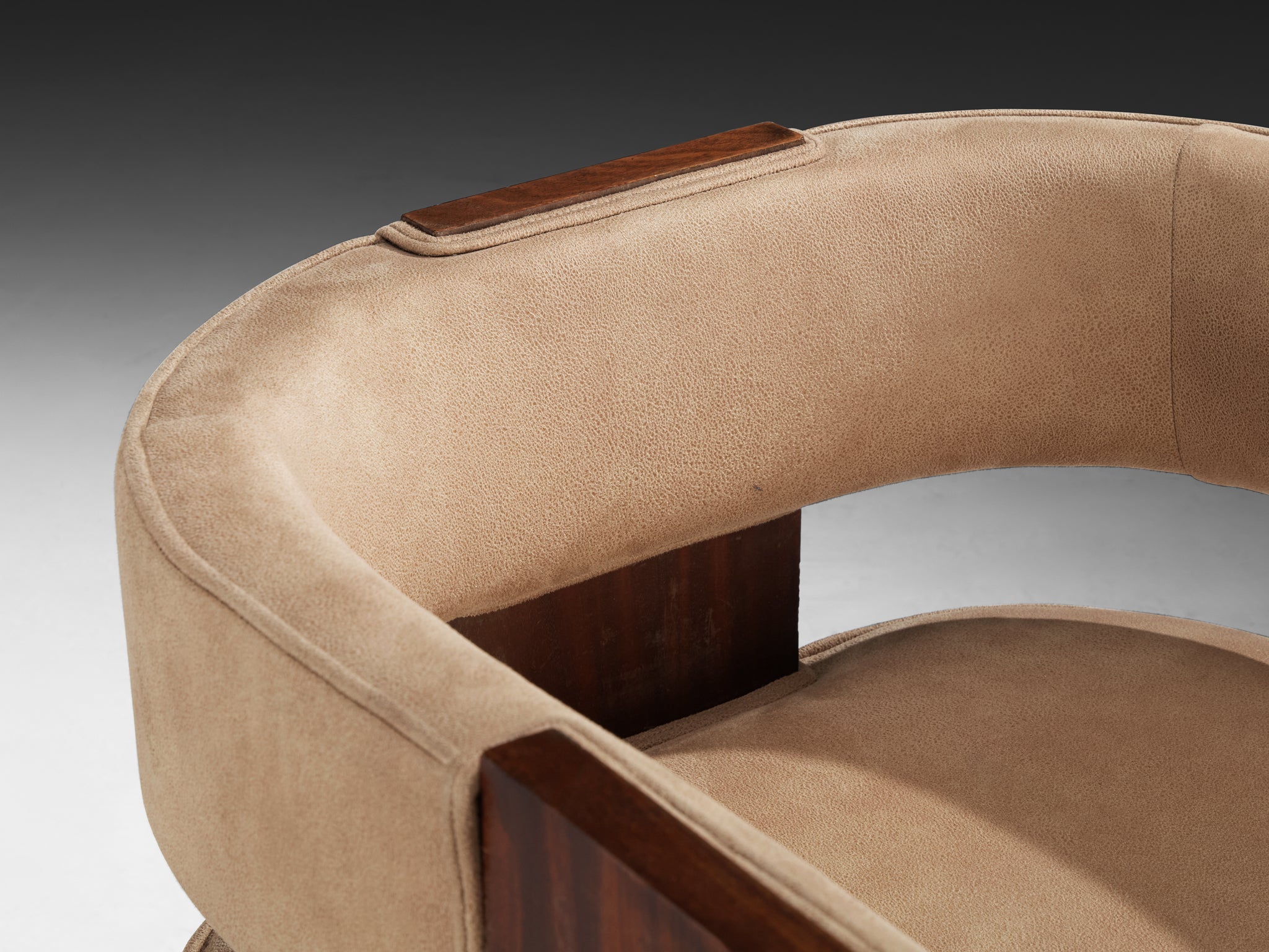 Rare André Sornay Curved Armchair in Mahogany and Warm Beige Suede Seating Morentz