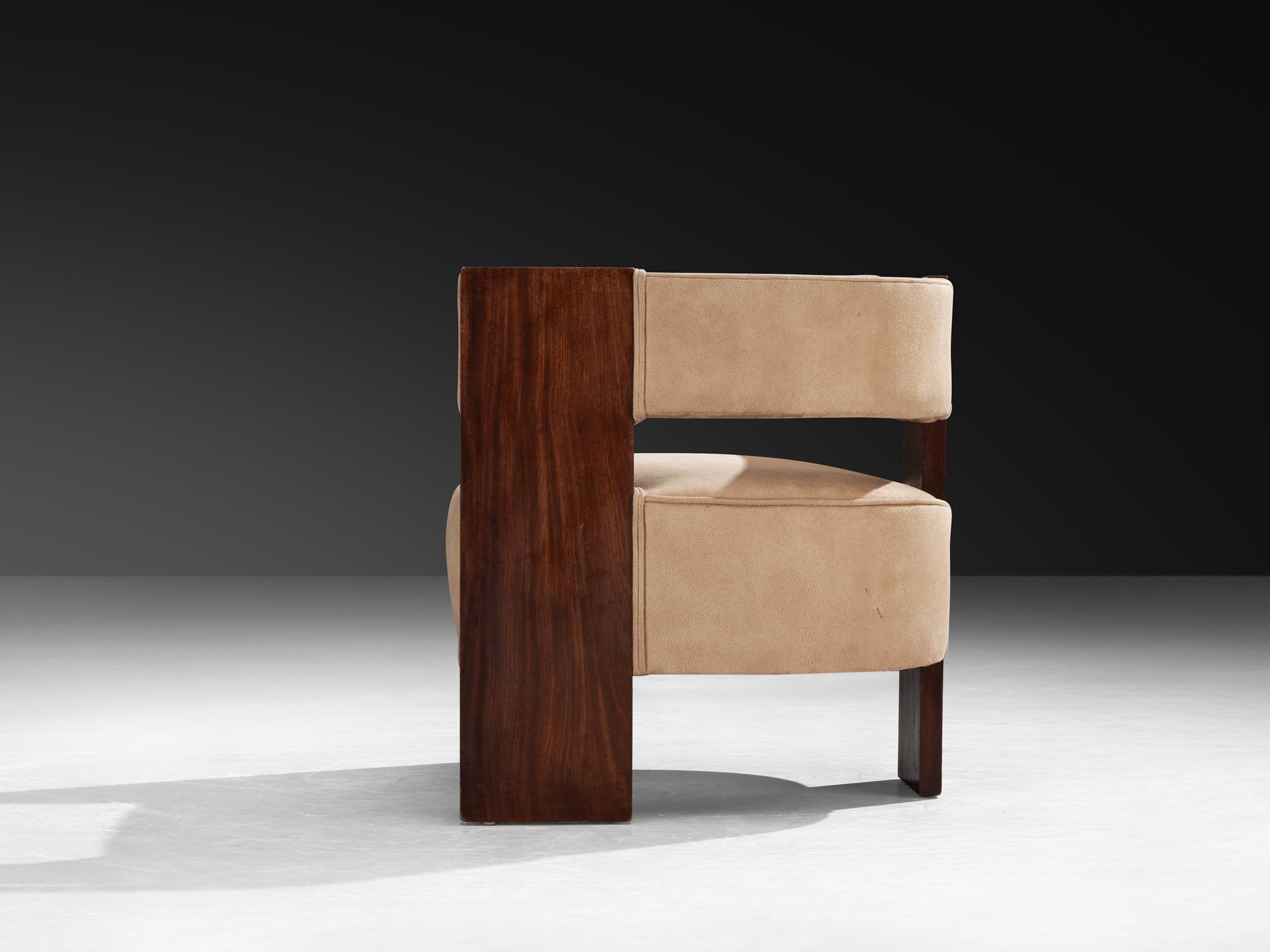 Rare André Sornay Curved Armchair in Mahogany and Warm Beige Suede Seating Morentz