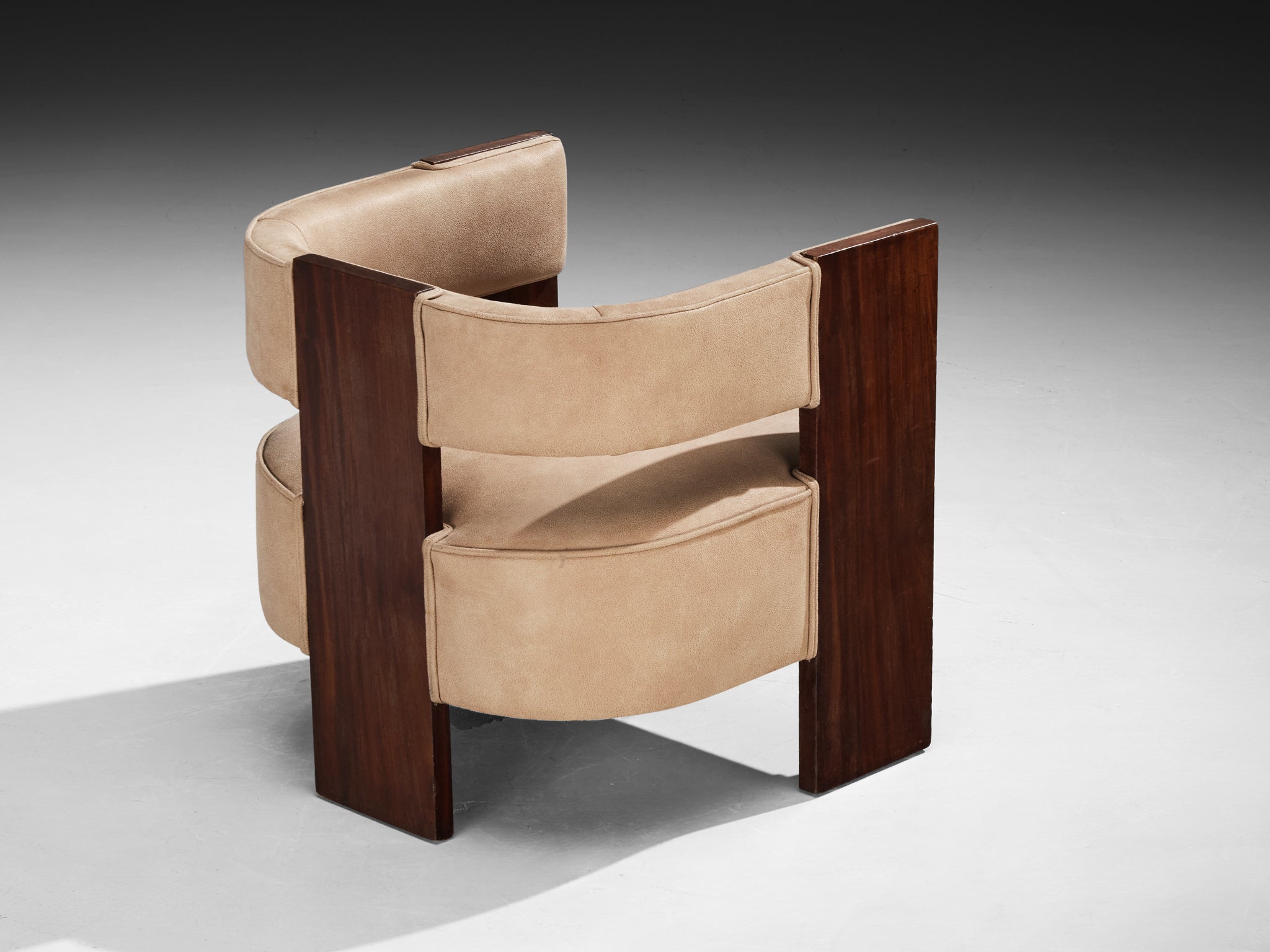 Rare André Sornay Curved Armchair in Mahogany and Warm Beige Suede Seating Morentz