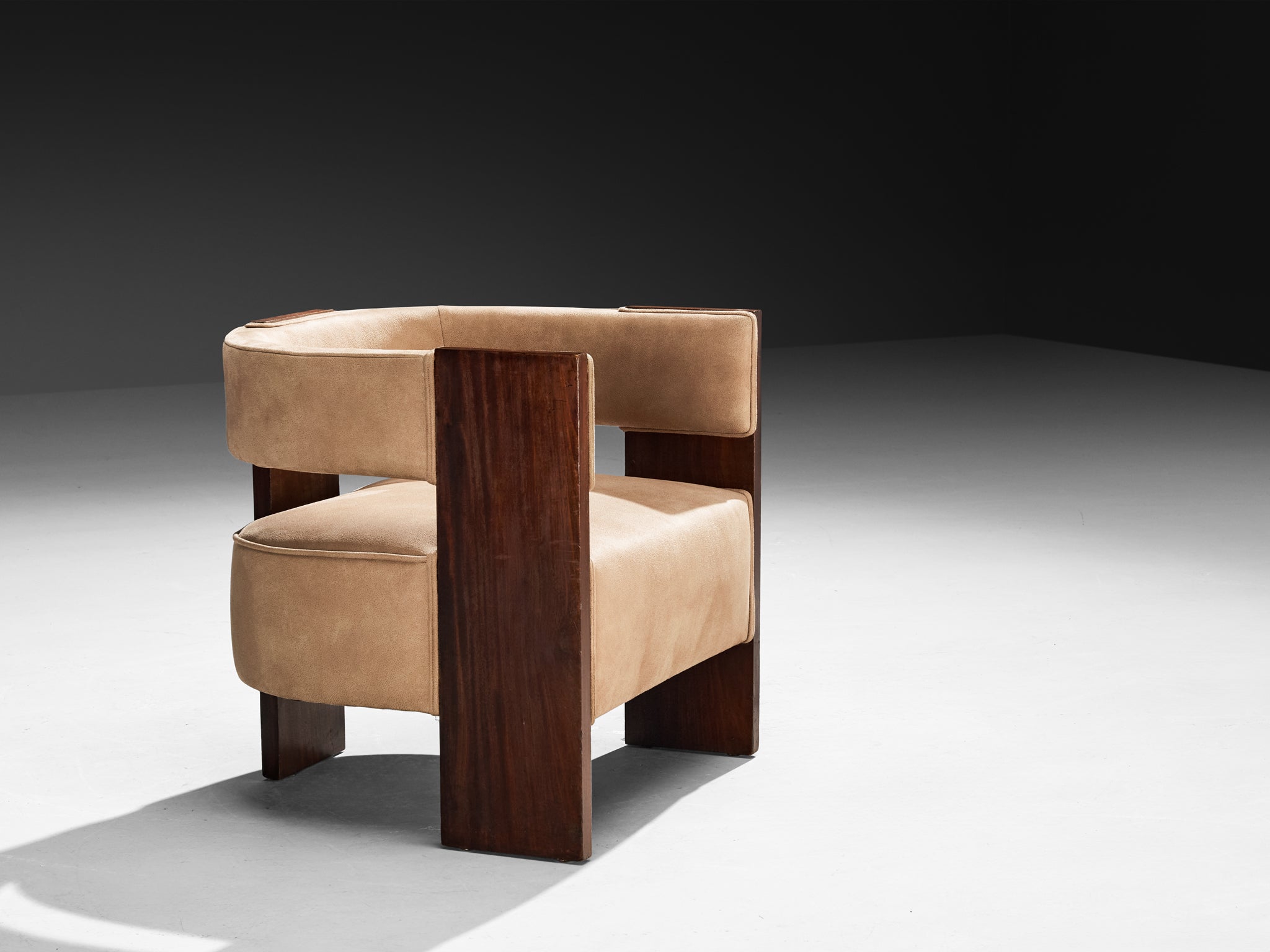 Rare André Sornay Curved Armchair in Mahogany and Warm Beige Suede Seating Morentz