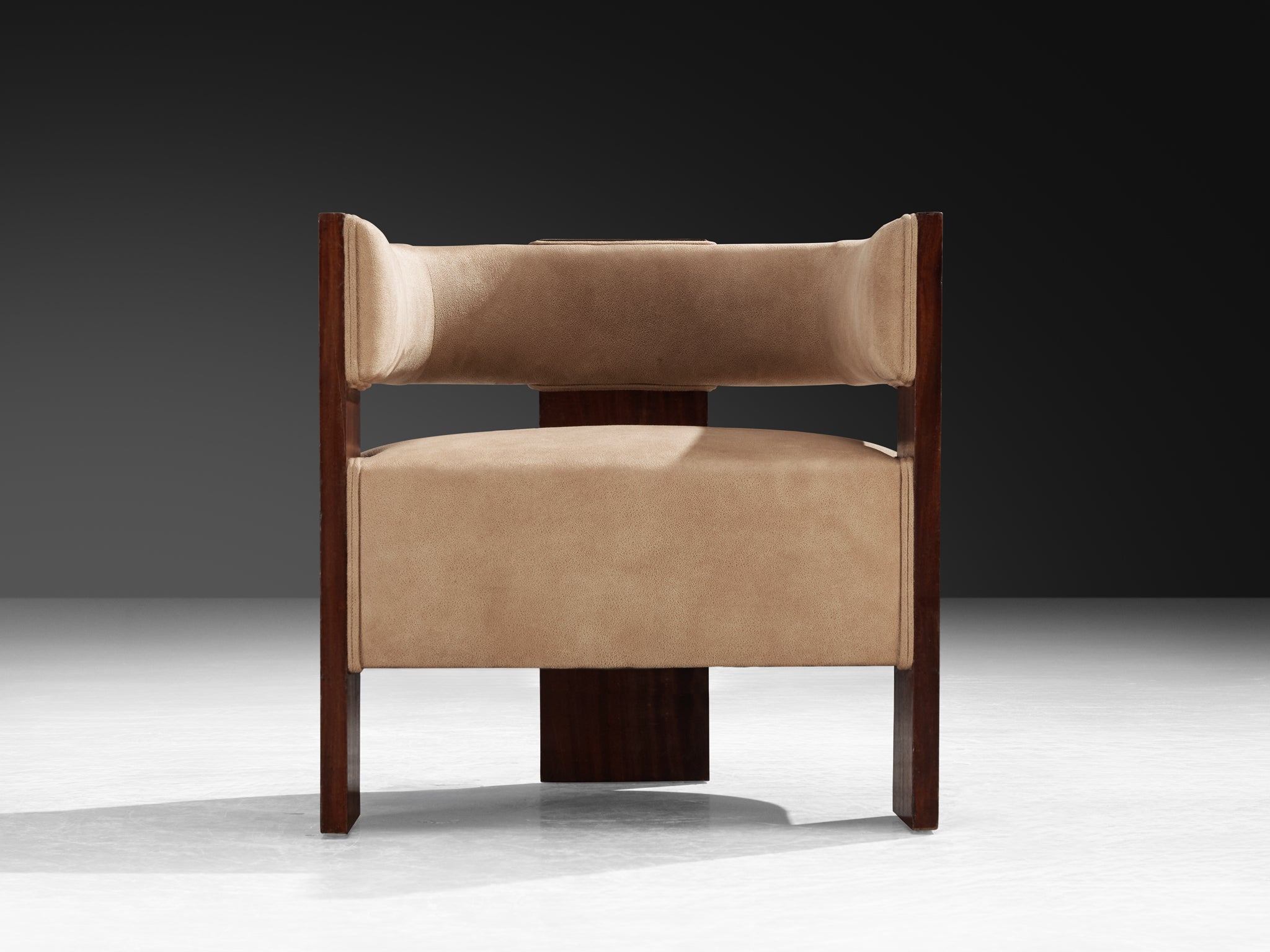 Rare André Sornay Curved Armchair in Mahogany and Warm Beige Suede Seating Morentz