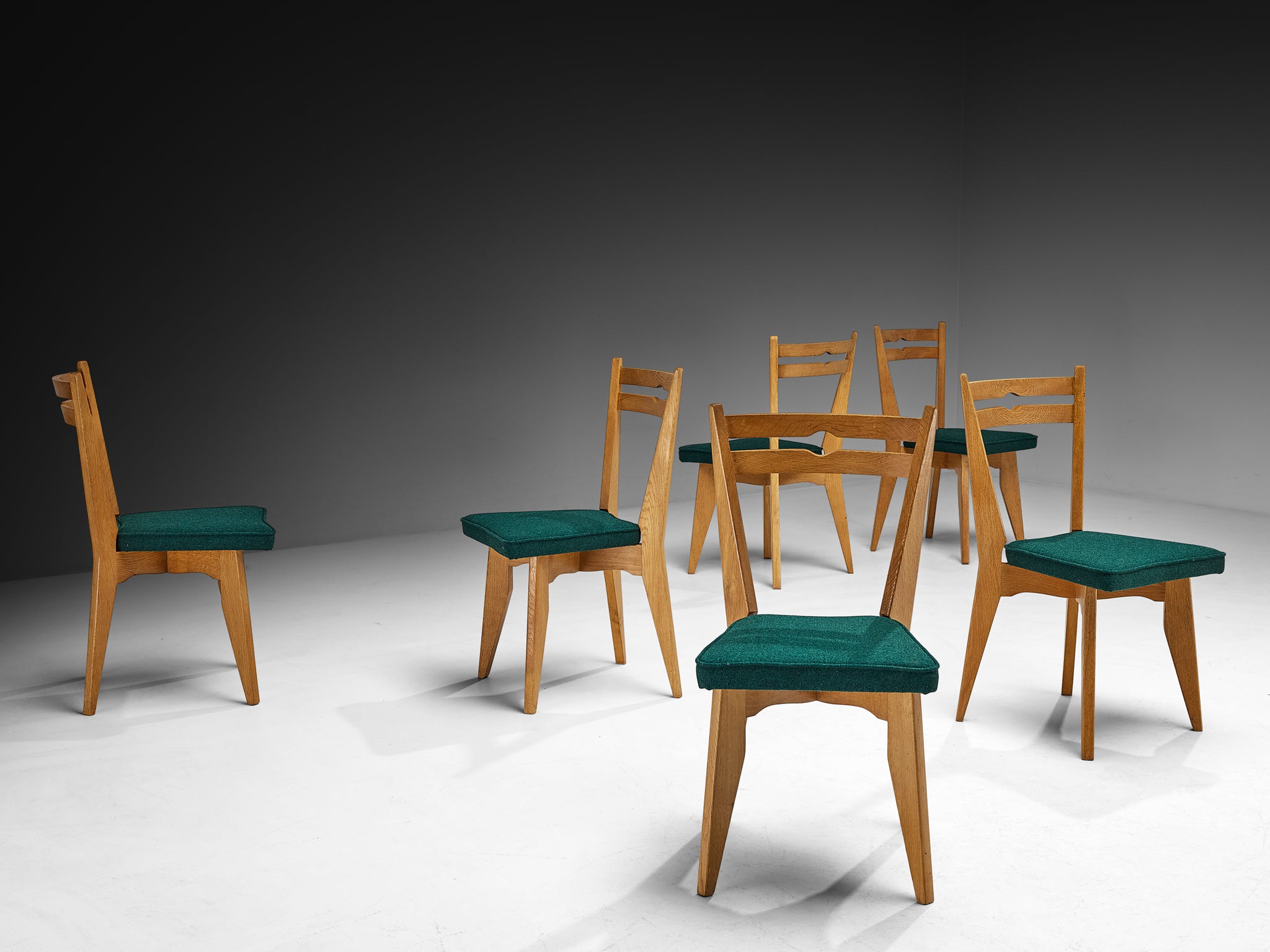 Guillerme & Chambron Set of Six Dining Chairs in Solid Oak and English Wool Seating Morentz