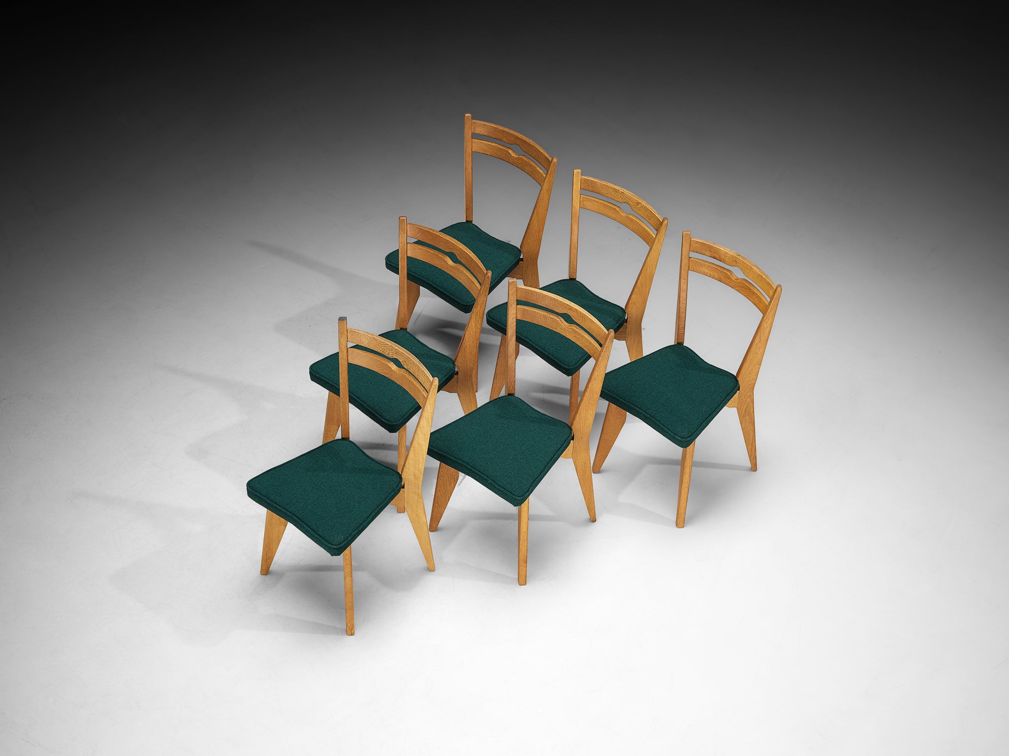 Guillerme & Chambron Set of Six Dining Chairs in Solid Oak and English Wool Seating Morentz