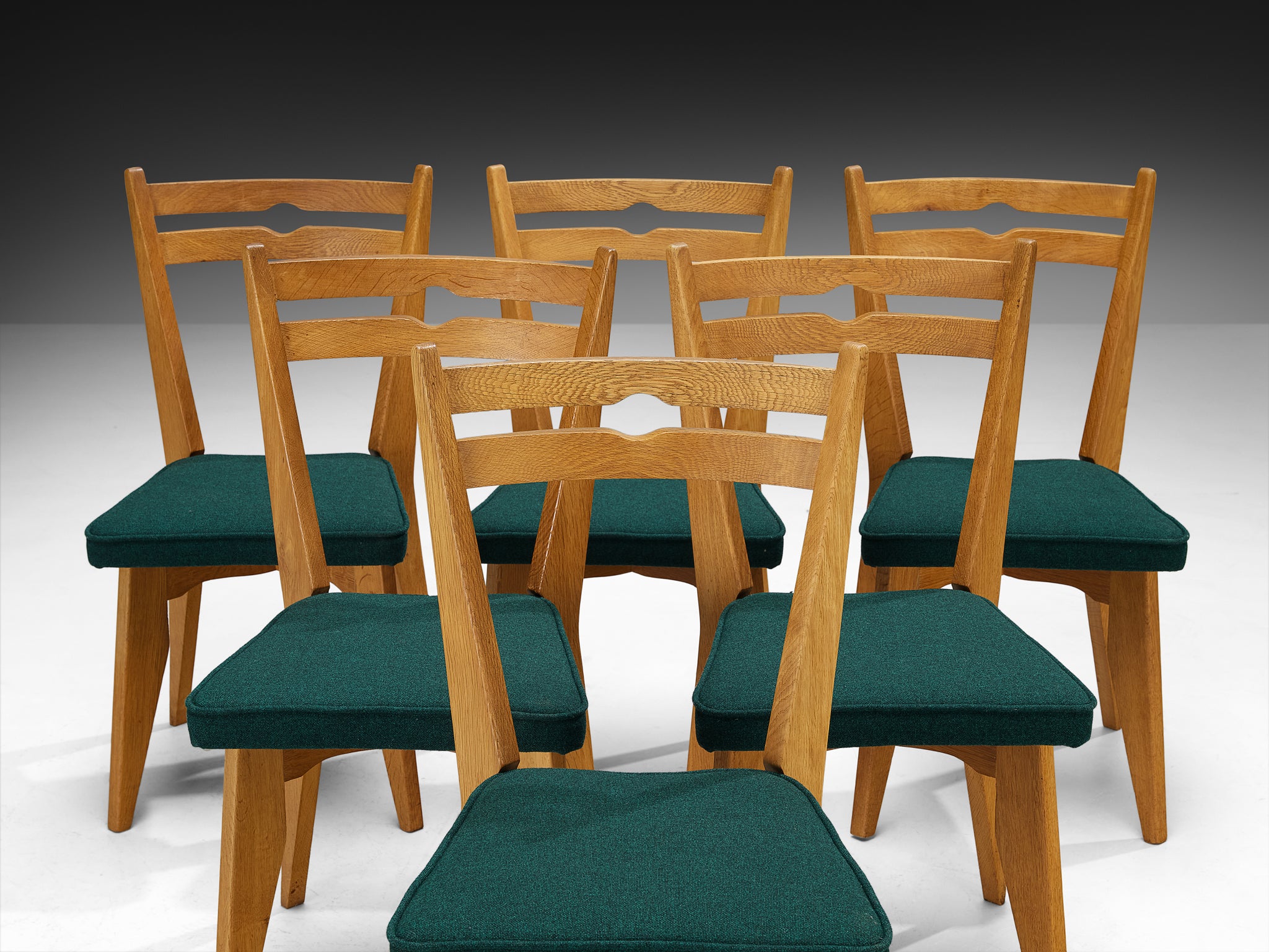 Guillerme & Chambron Set of Six Dining Chairs in Solid Oak and English Wool Seating Morentz