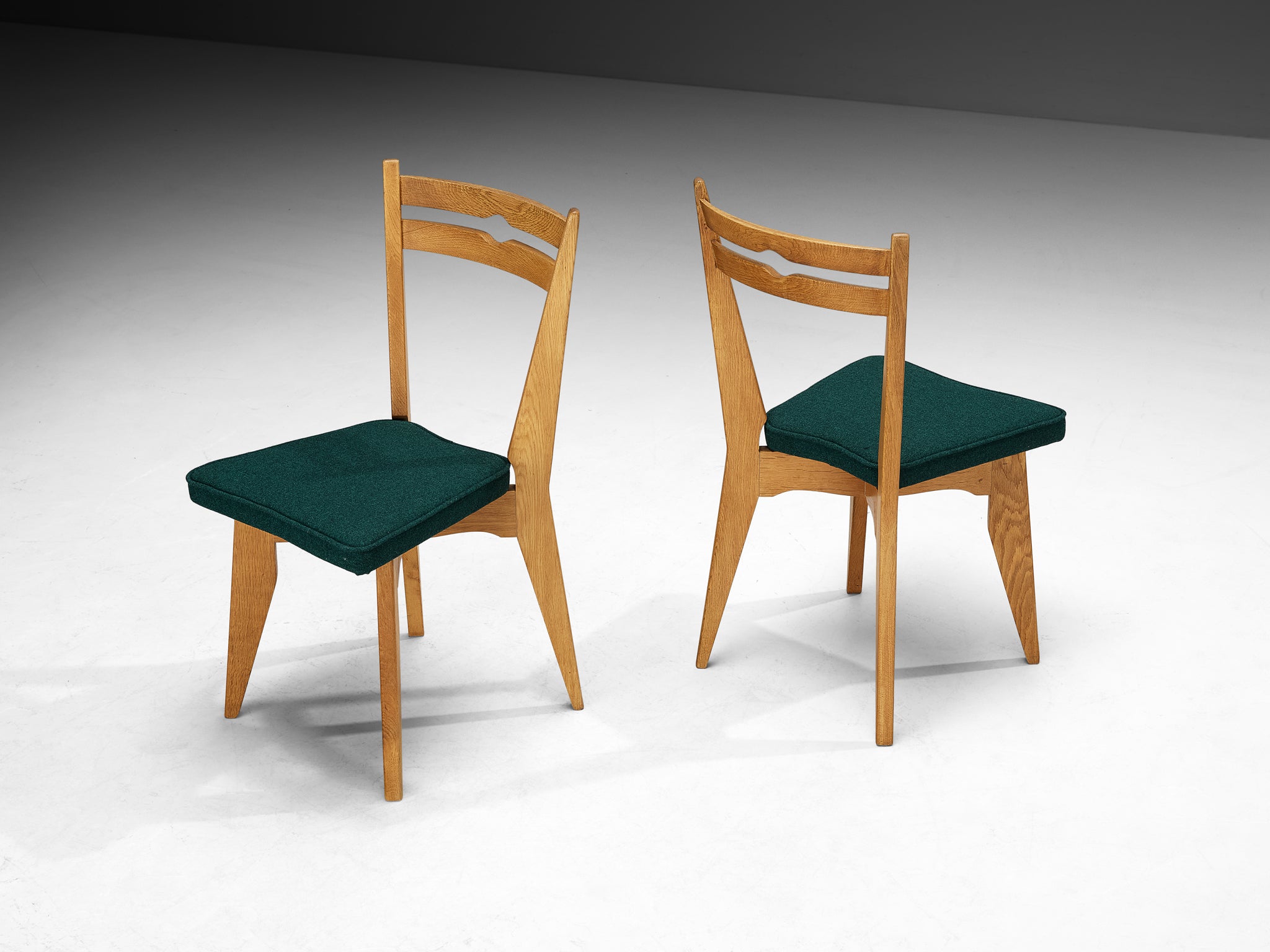 Guillerme & Chambron Set of Six Dining Chairs in Solid Oak and English Wool Seating Morentz