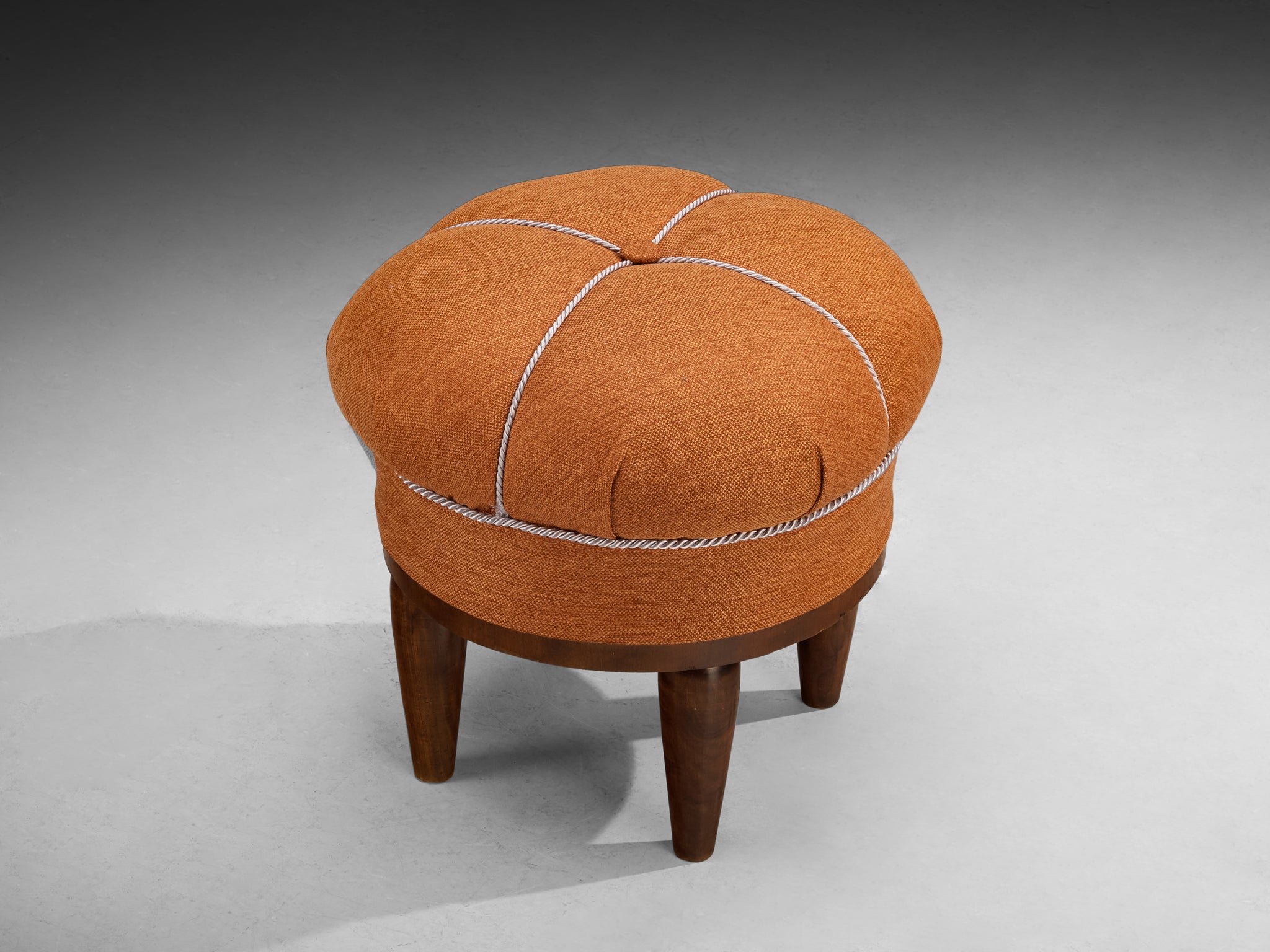 Jindrich Halabala Stool in Decorative Burnt Orange Fabric and Walnut Seating Morentz