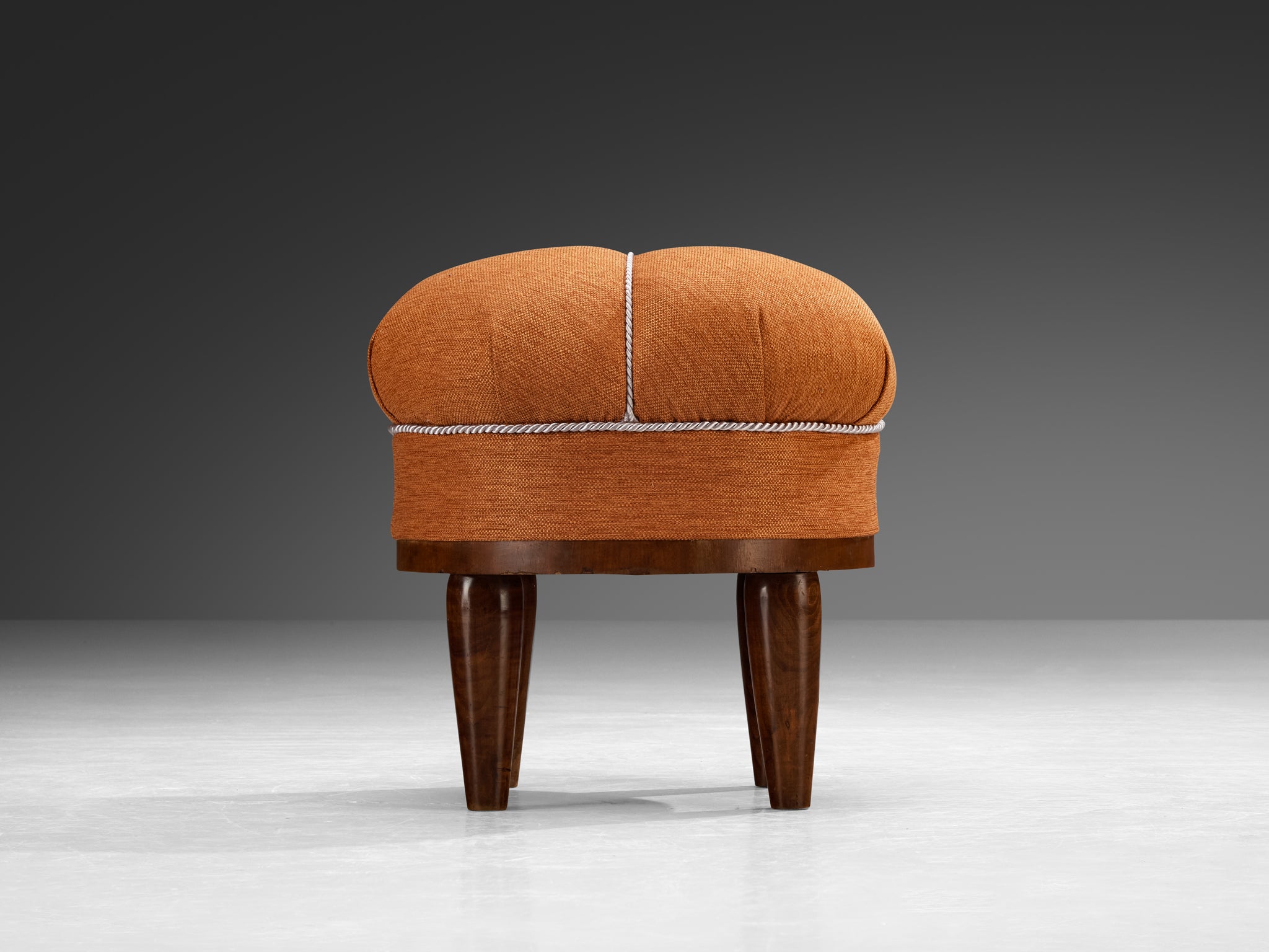 Jindrich Halabala Stool in Decorative Burnt Orange Fabric and Walnut Seating Morentz