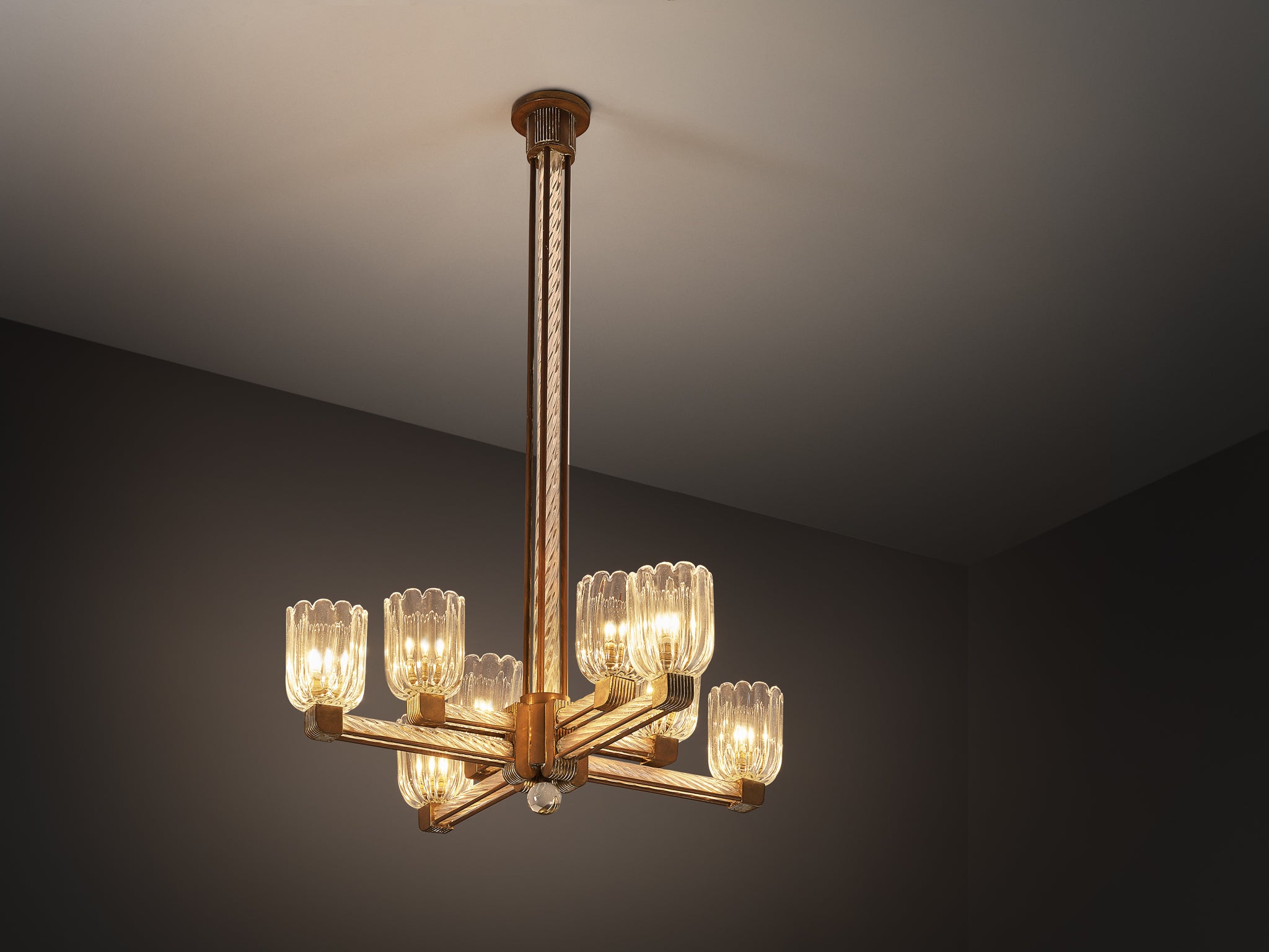 Barovier & Toso Italian Chandelier in Crystal Glass and Brass Lighting Morentz