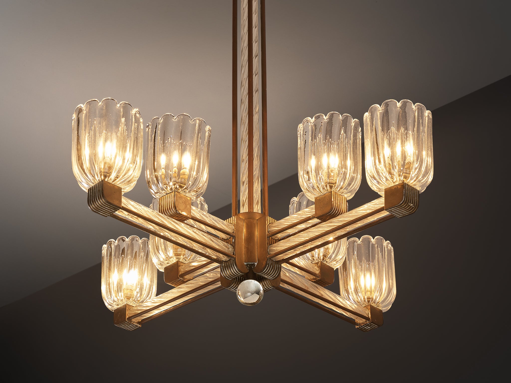 Barovier & Toso Italian Chandelier in Crystal Glass and Brass Lighting Morentz