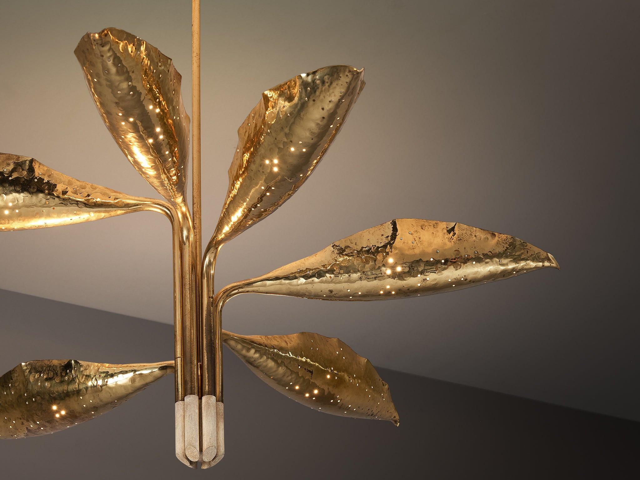 Angelo Lelii for Arredoluce Chandelier in Hammered Brass Lighting Morentz