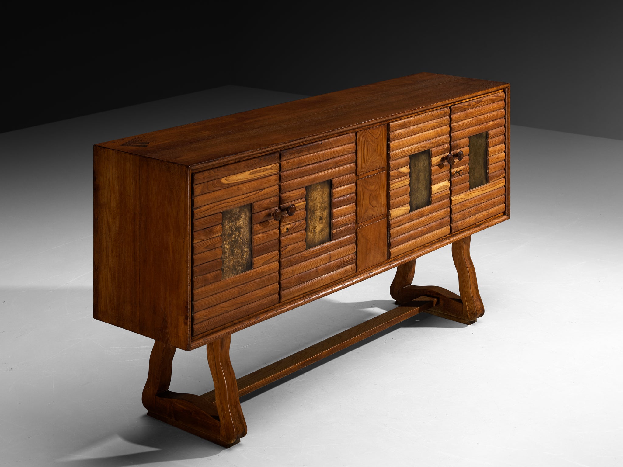 Italian Mid-Century Modern Sideboard in Chestnut and Patinated Brass Case pieces and storage cabinets Morentz