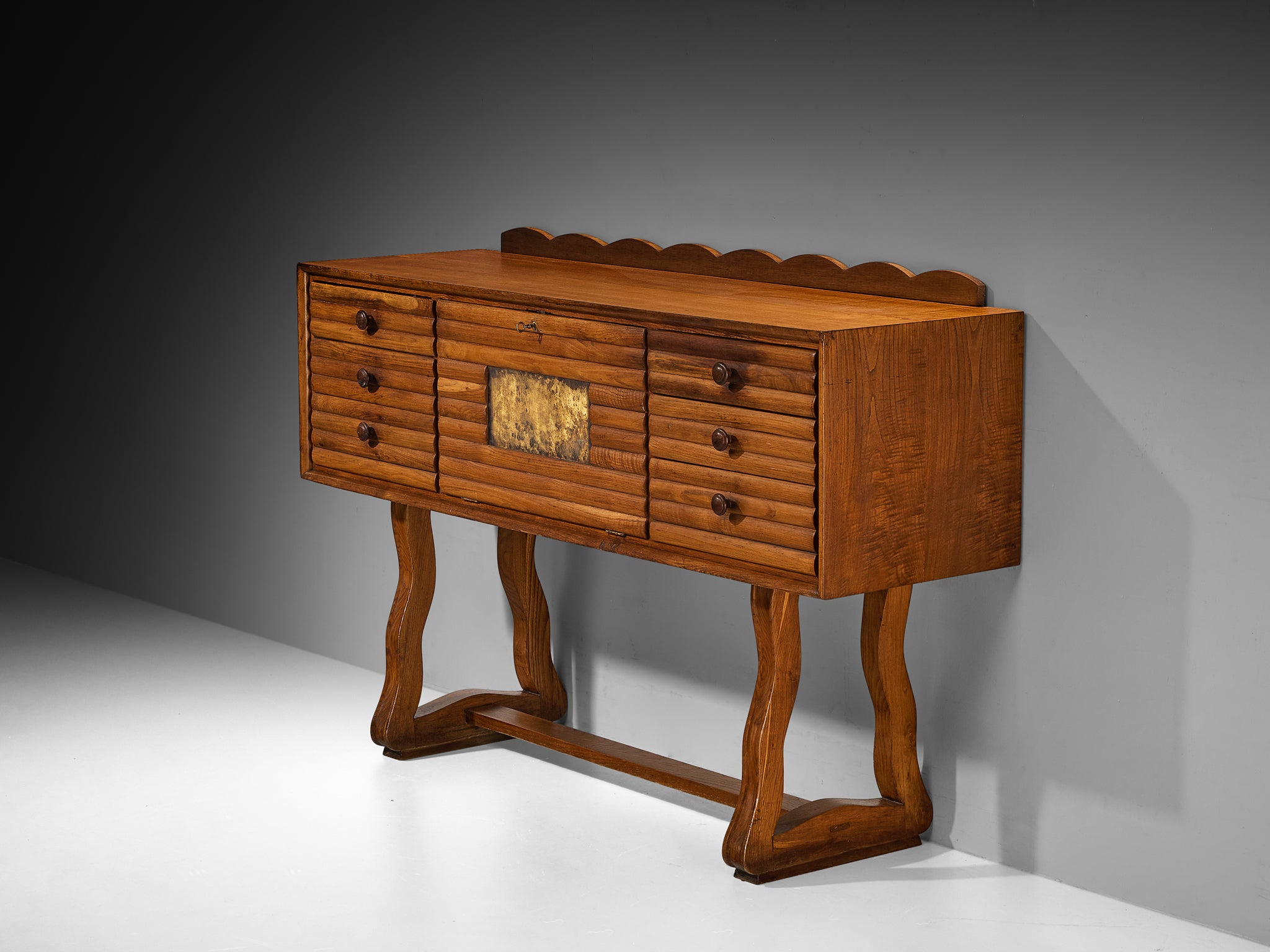 Italian Mid-Century Modern Sideboard in Chestnut and Patinated Brass Case pieces and storage cabinets Morentz