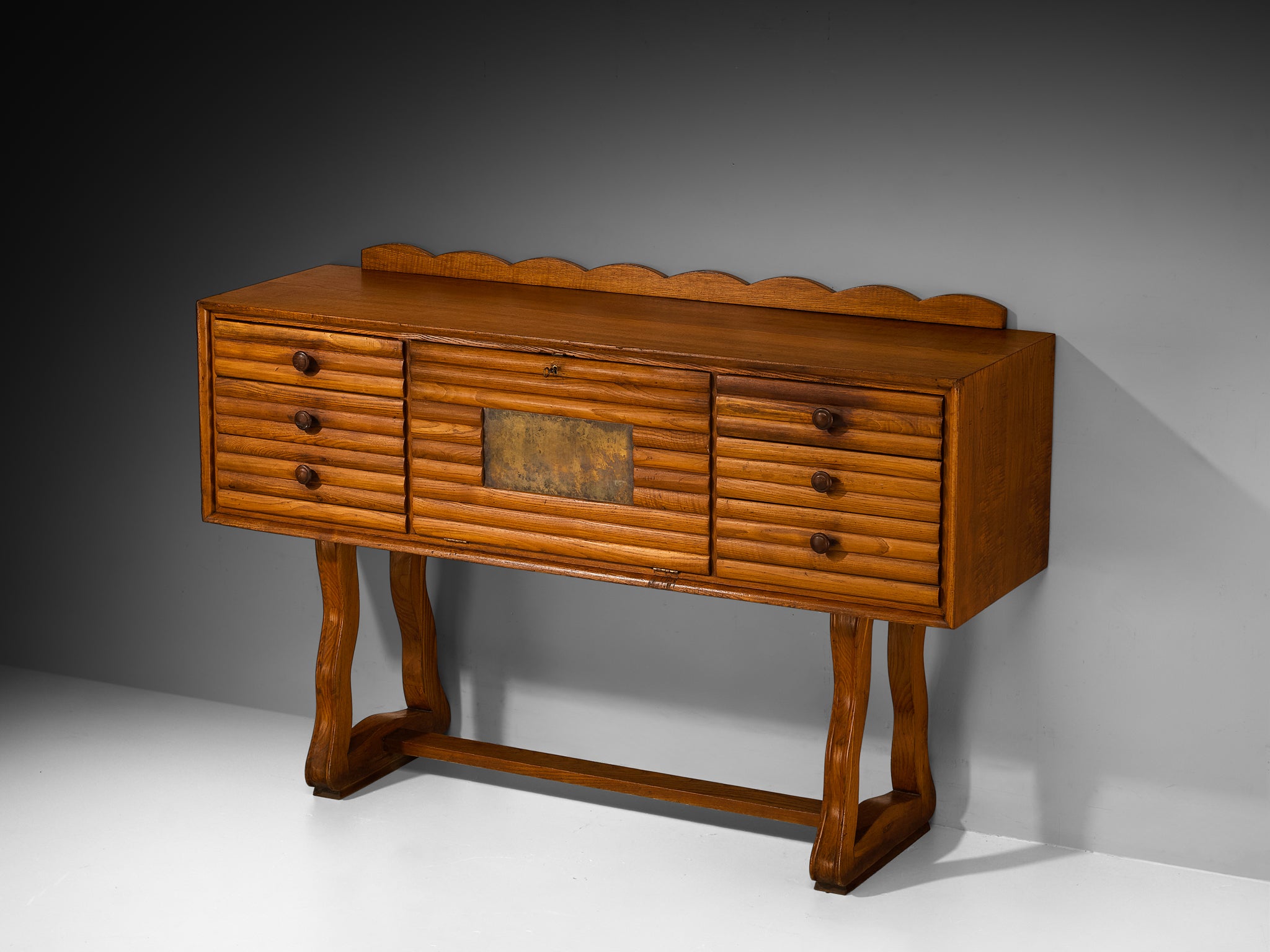 Italian Mid-Century Modern Sideboard in Chestnut and Patinated Brass Case pieces and storage cabinets Morentz