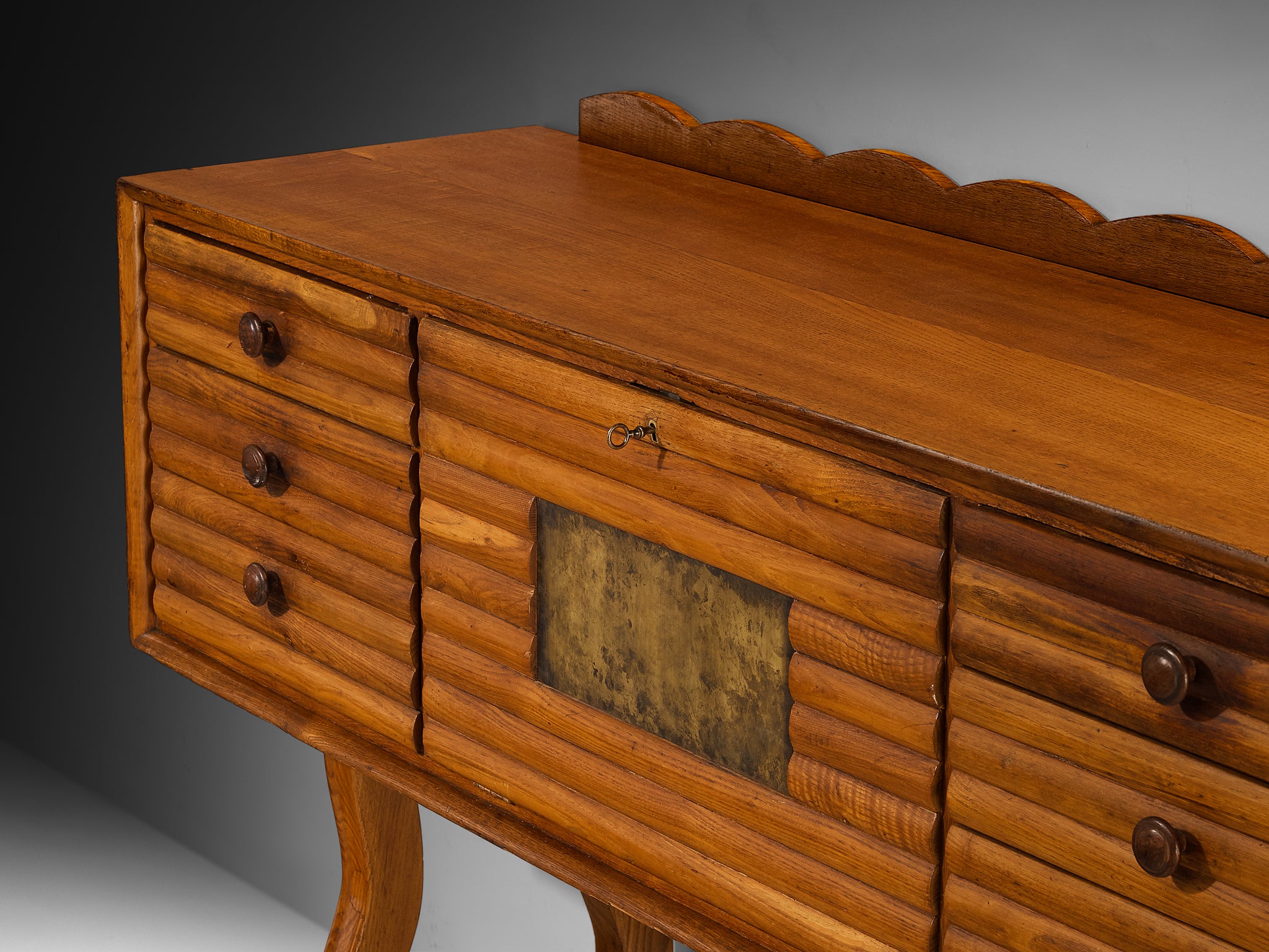 Italian Mid-Century Modern Sideboard in Chestnut and Patinated Brass Case pieces and storage cabinets Morentz