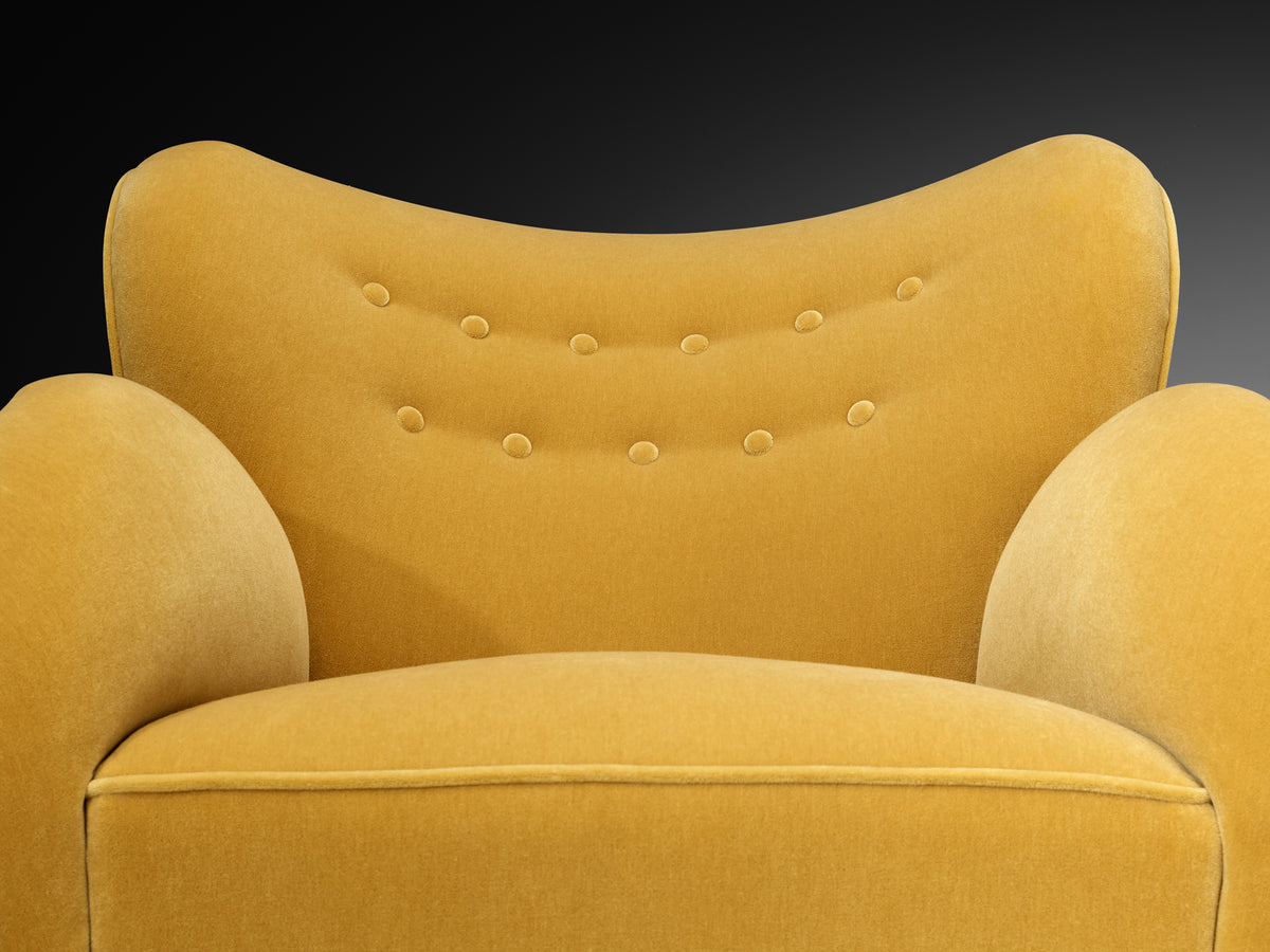 1930s Extremely Grand Danish Lounge Chair Reupholstered in Yellow Mohair Seating Morentz